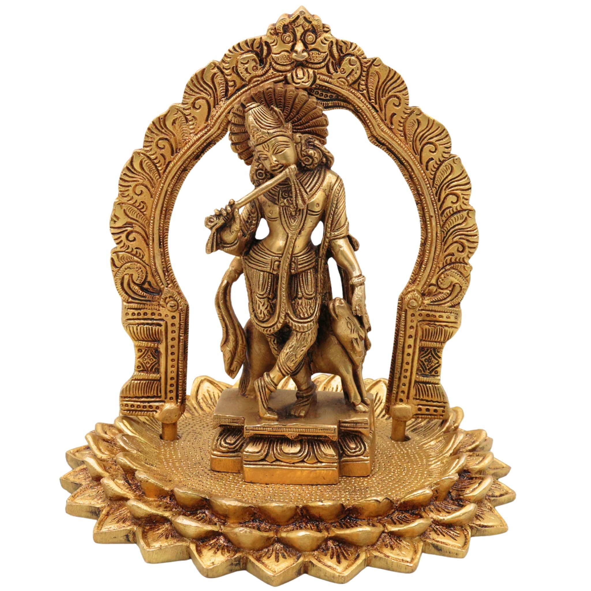 Brass Krishna Idol with Prabhavali on Lotus Chowki – Gopal, Balakrishna, Murli Manohar Murti for Pooja, Home Decor & Temple Statue,Gold, 8 Inch, 1 Piece