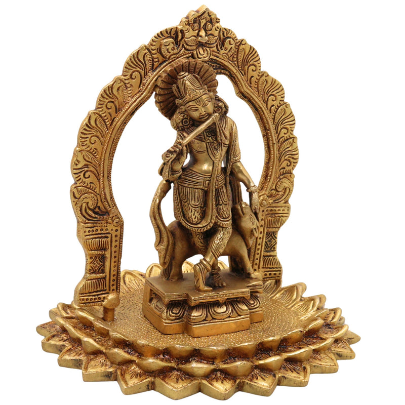 Brass Krishna Idol with Prabhavali on Lotus Chowki – Gopal, Balakrishna, Murli Manohar Murti for Pooja, Home Decor & Temple Statue,Gold, 8 Inch, 1 Piece