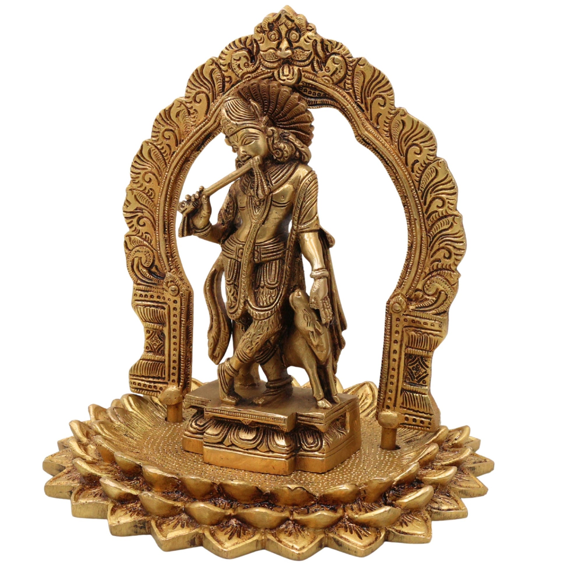 Brass Krishna Idol with Prabhavali on Lotus Chowki – Gopal, Balakrishna, Murli Manohar Murti for Pooja, Home Decor & Temple Statue,Gold, 8 Inch, 1 Piece