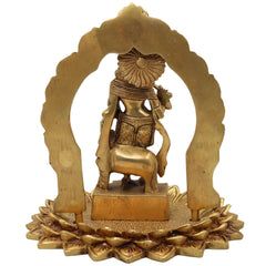 Brass Krishna Idol with Prabhavali on Lotus Chowki – Gopal, Balakrishna, Murli Manohar Murti for Pooja, Home Decor & Temple Statue,Gold, 8 Inch, 1 Piece