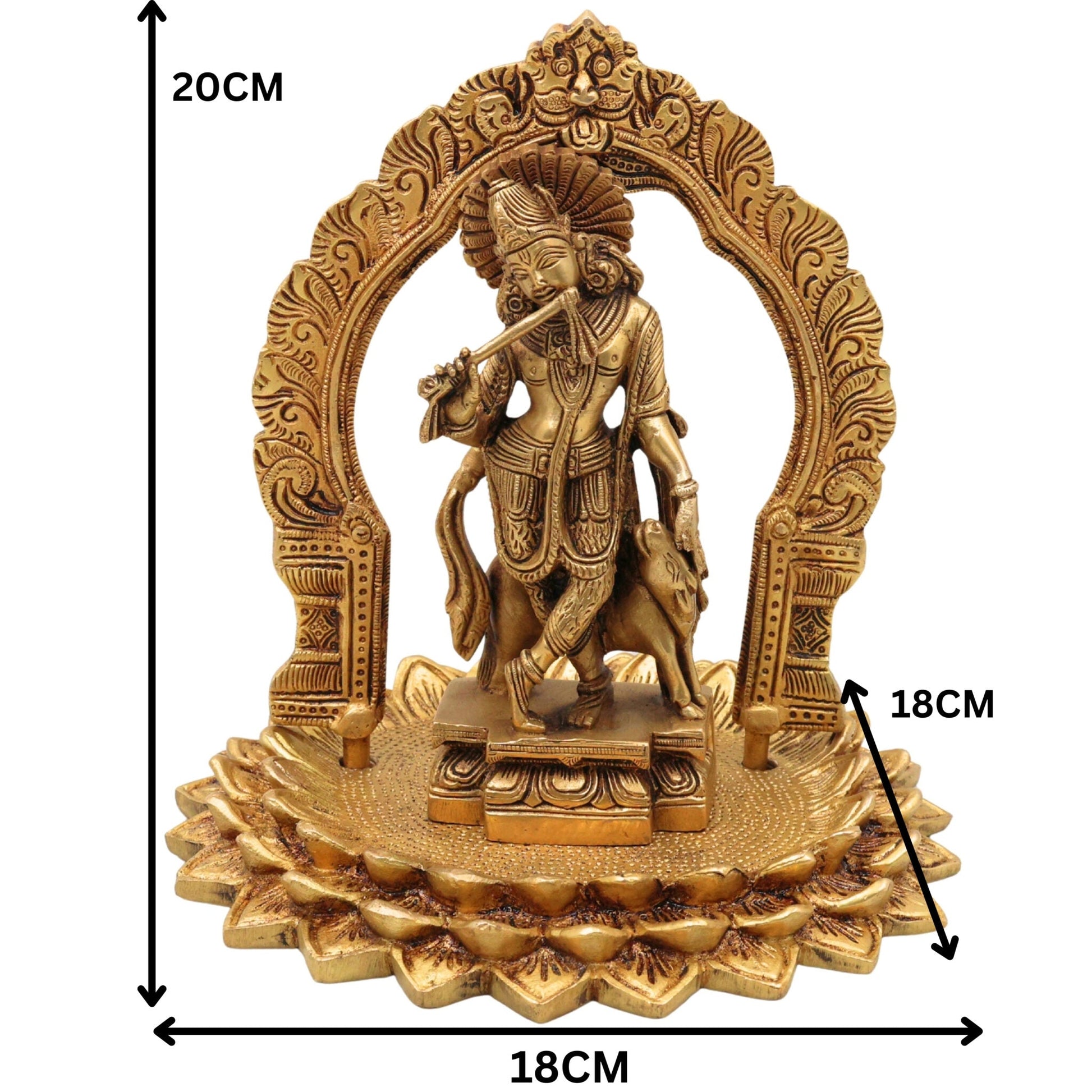 Brass Krishna Idol with Prabhavali on Lotus Chowki – Gopal, Balakrishna, Murli Manohar Murti for Pooja, Home Decor & Temple Statue,Gold, 8 Inch, 1 Piece