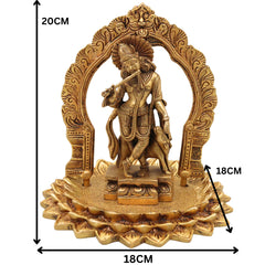 Brass Krishna Idol with Prabhavali on Lotus Chowki – Gopal, Balakrishna, Murli Manohar Murti for Pooja, Home Decor & Temple Statue,Gold, 8 Inch, 1 Piece