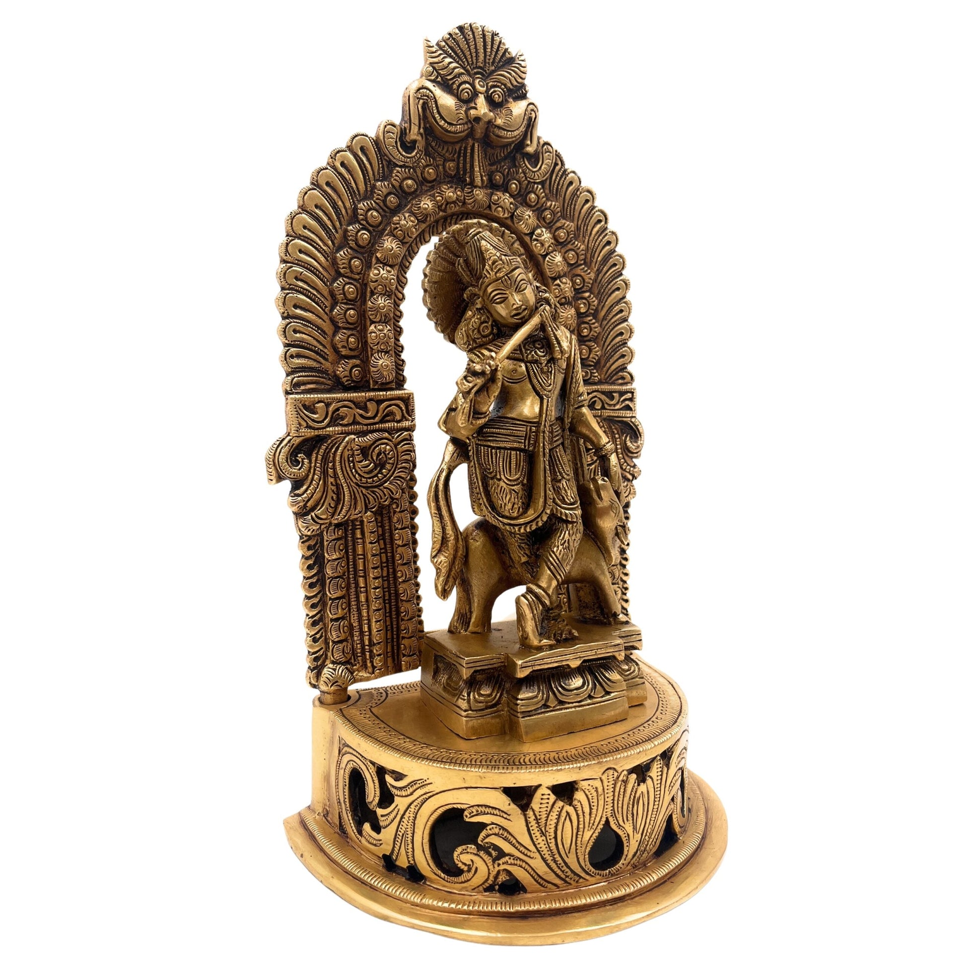 Brass Krishna Idol Murti – Gopal, Govinda, Balakrishna, Radha Krishna Vigraham with Prabhavali & Chowki for Home, Temple, Pooja Room & Office Decor,Gold, 11 Inch, 1 Piece