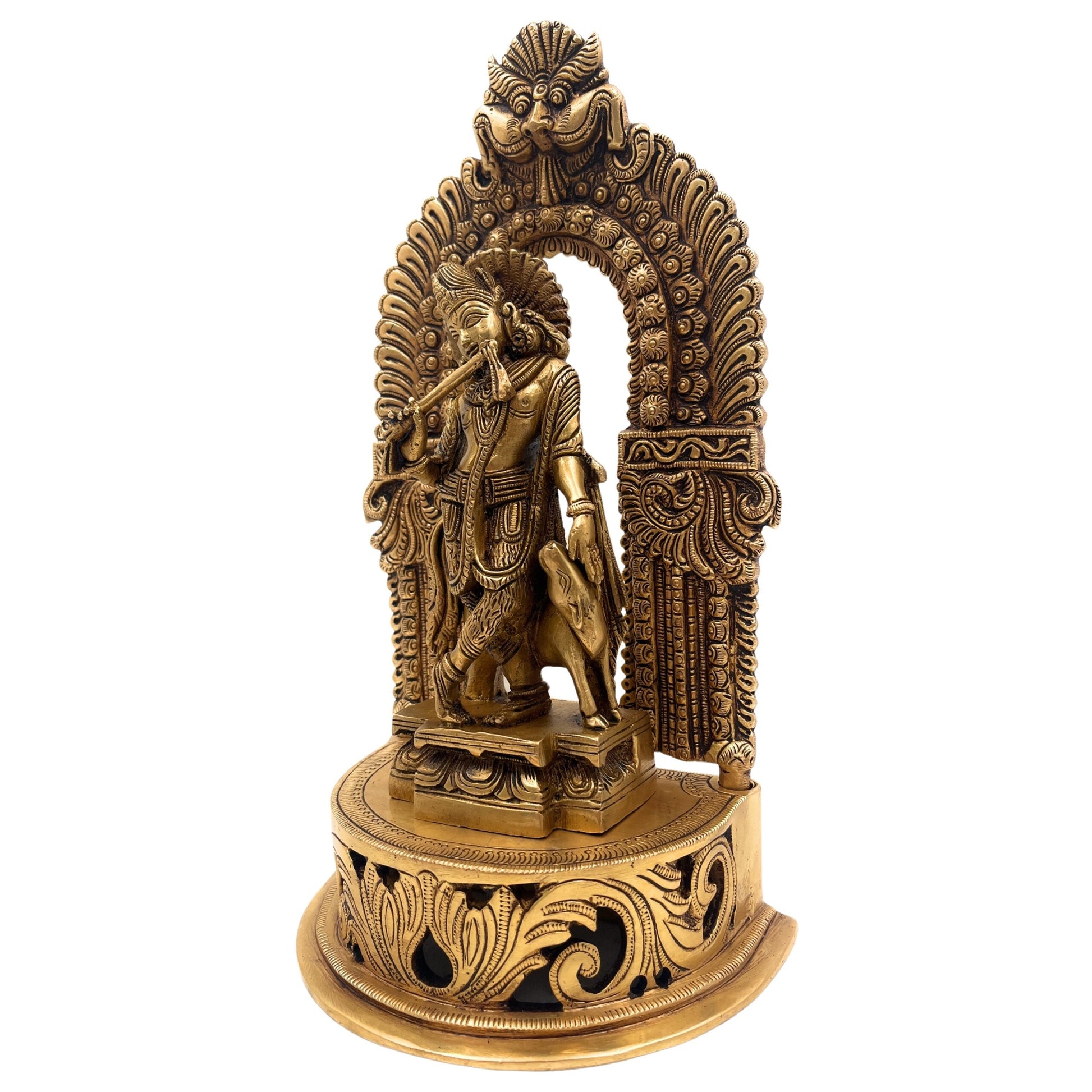 Brass Krishna Idol Murti – Gopal, Govinda, Balakrishna, Radha Krishna Vigraham with Prabhavali & Chowki for Home, Temple, Pooja Room & Office Decor,Gold, 11 Inch, 1 Piece