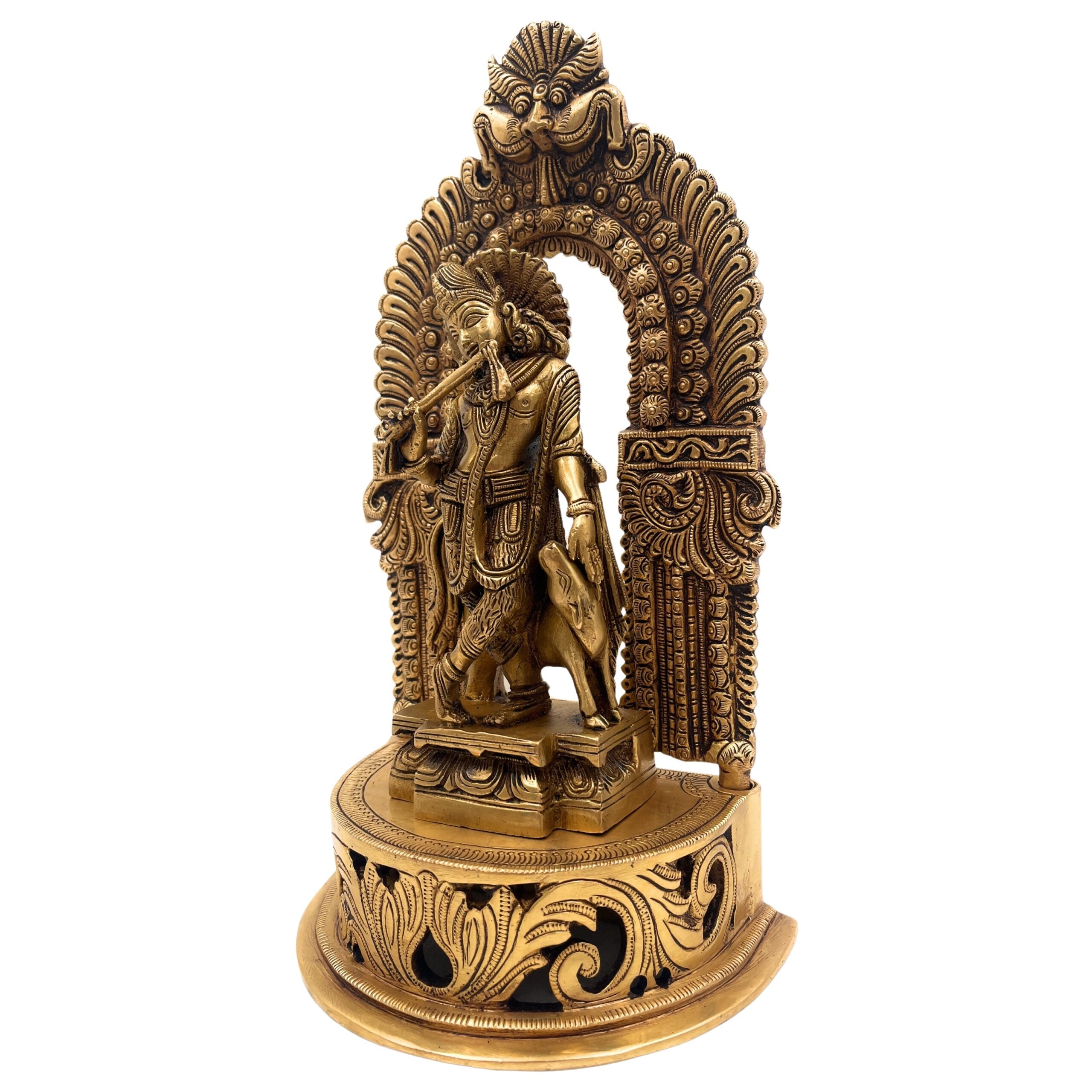 Brass Krishna Idol Murti – Gopal, Govinda, Balakrishna, Radha Krishna Vigraham with Prabhavali & Chowki for Home, Temple, Pooja Room & Office Decor,Gold, 11 Inch, 1 Piece