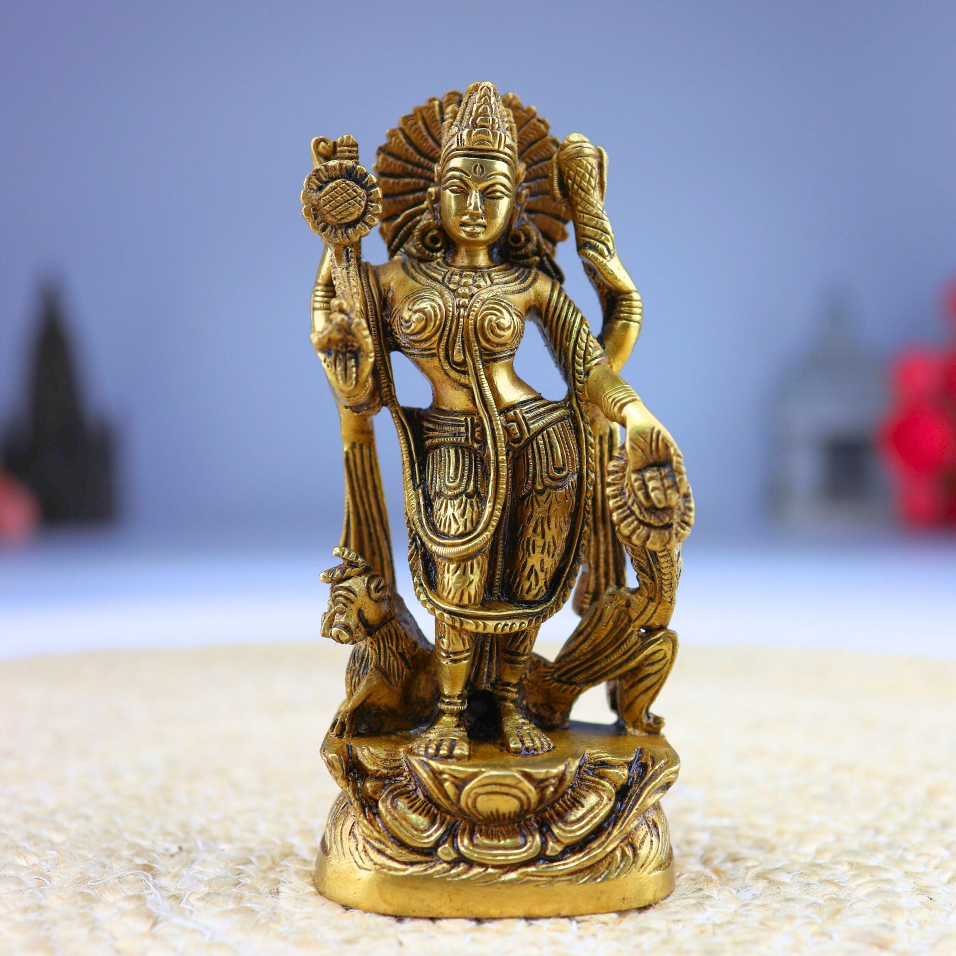 Handcrafted Brass Durga Devi Idol – Mahishasura Mardini | Shakti | Simhavahini | Vaishno Devi Murti for Pooja & Home Decor,Gold, 6 Inch, 1 Piece