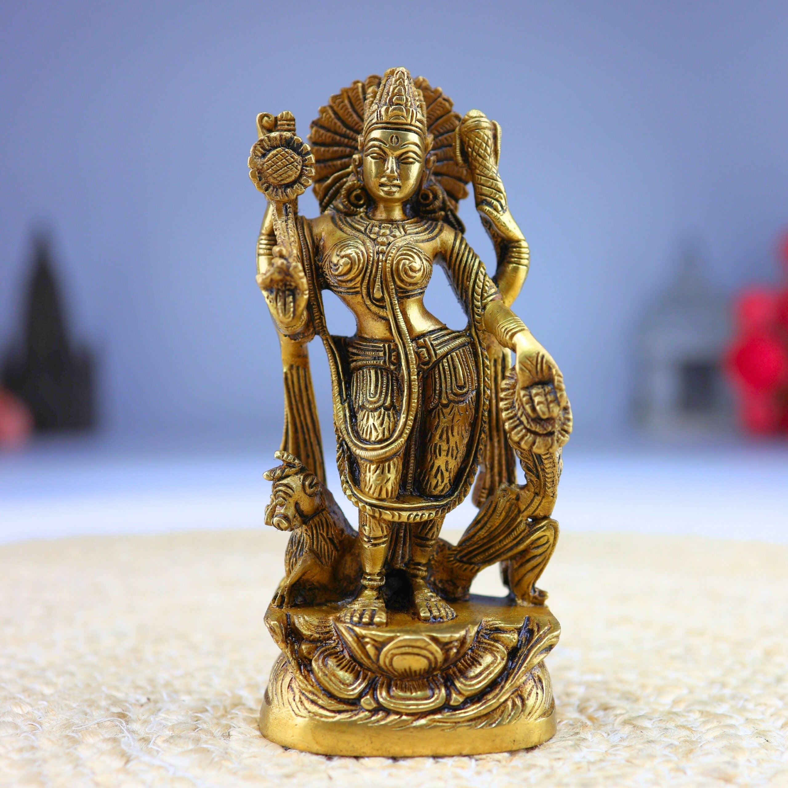 Handcrafted Brass Durga Devi Idol – Mahishasura Mardini | Shakti | Simhavahini | Vaishno Devi Murti for Pooja & Home Decor,Gold, 6 Inch, 1 Piece
