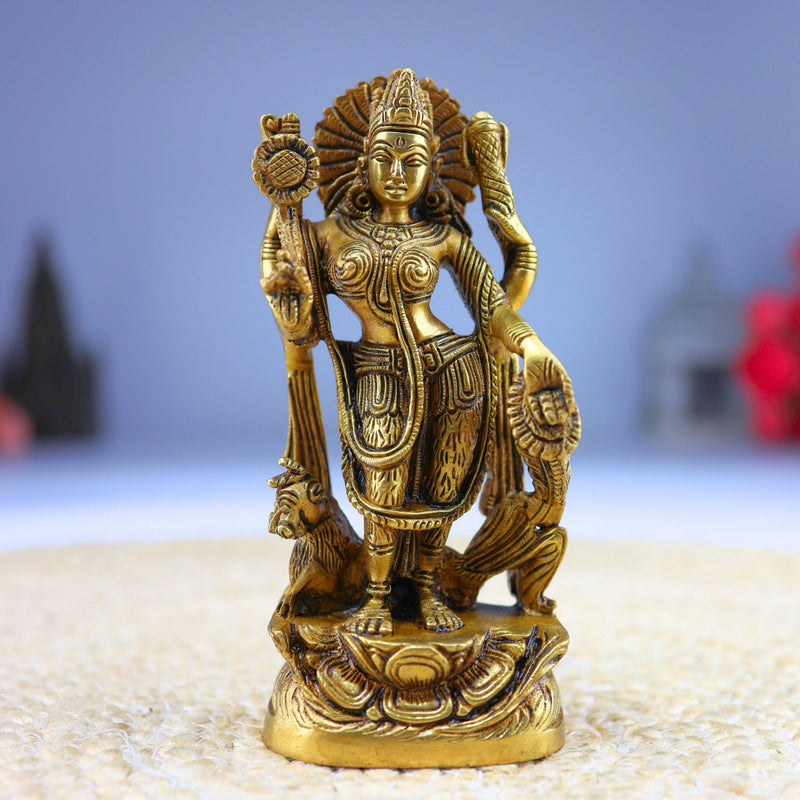 Handcrafted Brass Durga Devi Idol – Mahishasura Mardini | Shakti | Simhavahini | Vaishno Devi Murti for Pooja & Home Decor,Gold, 6 Inch, 1 Piece