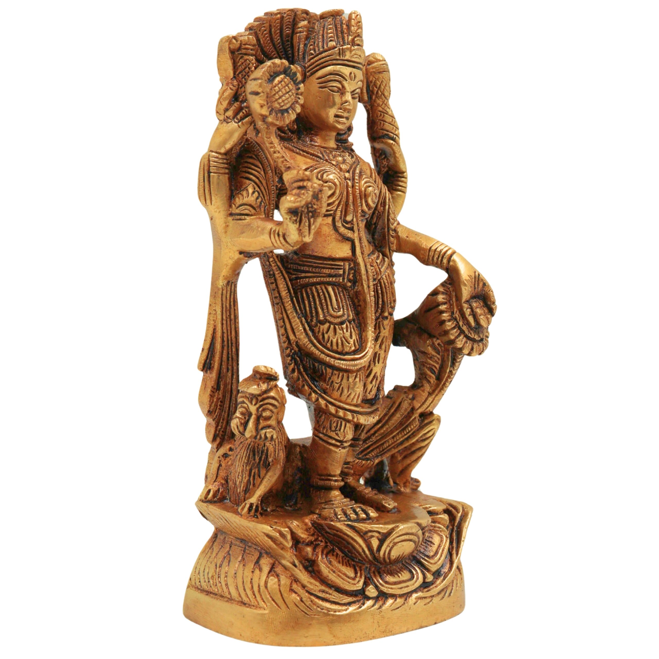 Handcrafted Brass Durga Devi Idol – Mahishasura Mardini | Shakti | Simhavahini | Vaishno Devi Murti for Pooja & Home Decor,Gold, 6 Inch, 1 Piece