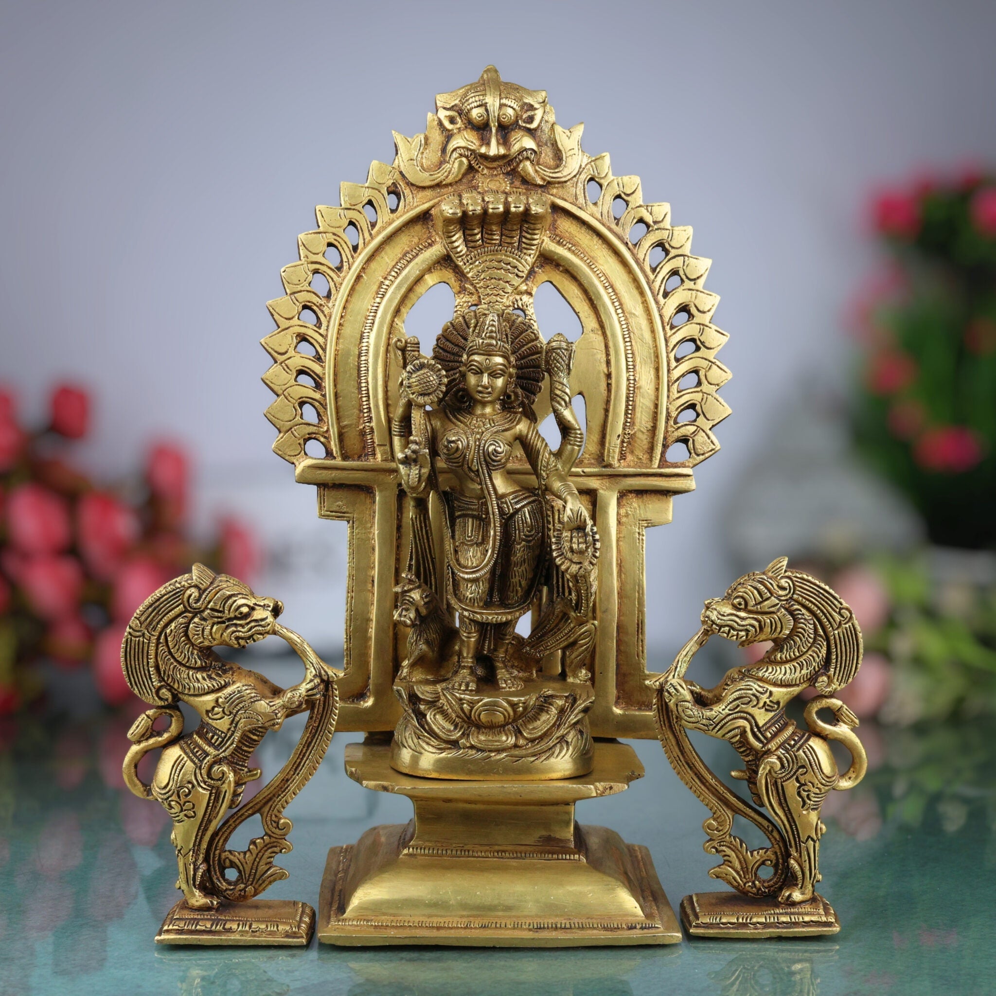 Brass Durga Devi Idol with Prabhavali & Lion Yali – Mahishasura Mardini | Simhavahini Shakti | Maa Bhavani Murti for Home, Temple & Pooja Decor,Gold, 11.5 Inch, 1 Piece