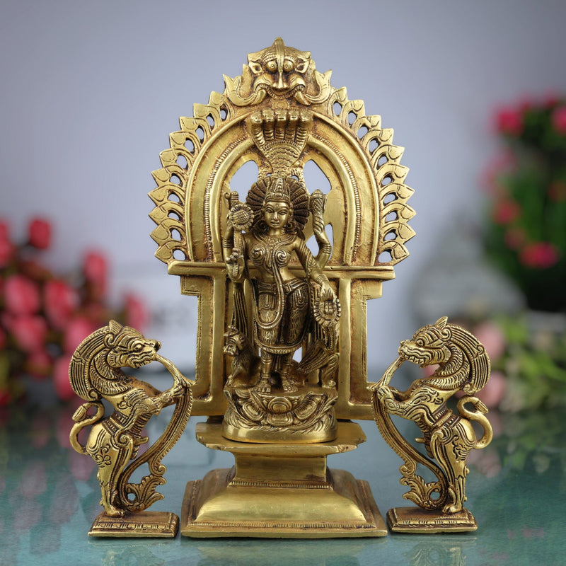 Brass Durga Devi Idol with Prabhavali & Lion Yali – Mahishasura Mardini | Simhavahini Shakti | Maa Bhavani Murti for Home, Temple & Pooja Decor,Gold, 11.5 Inch, 1 Piece