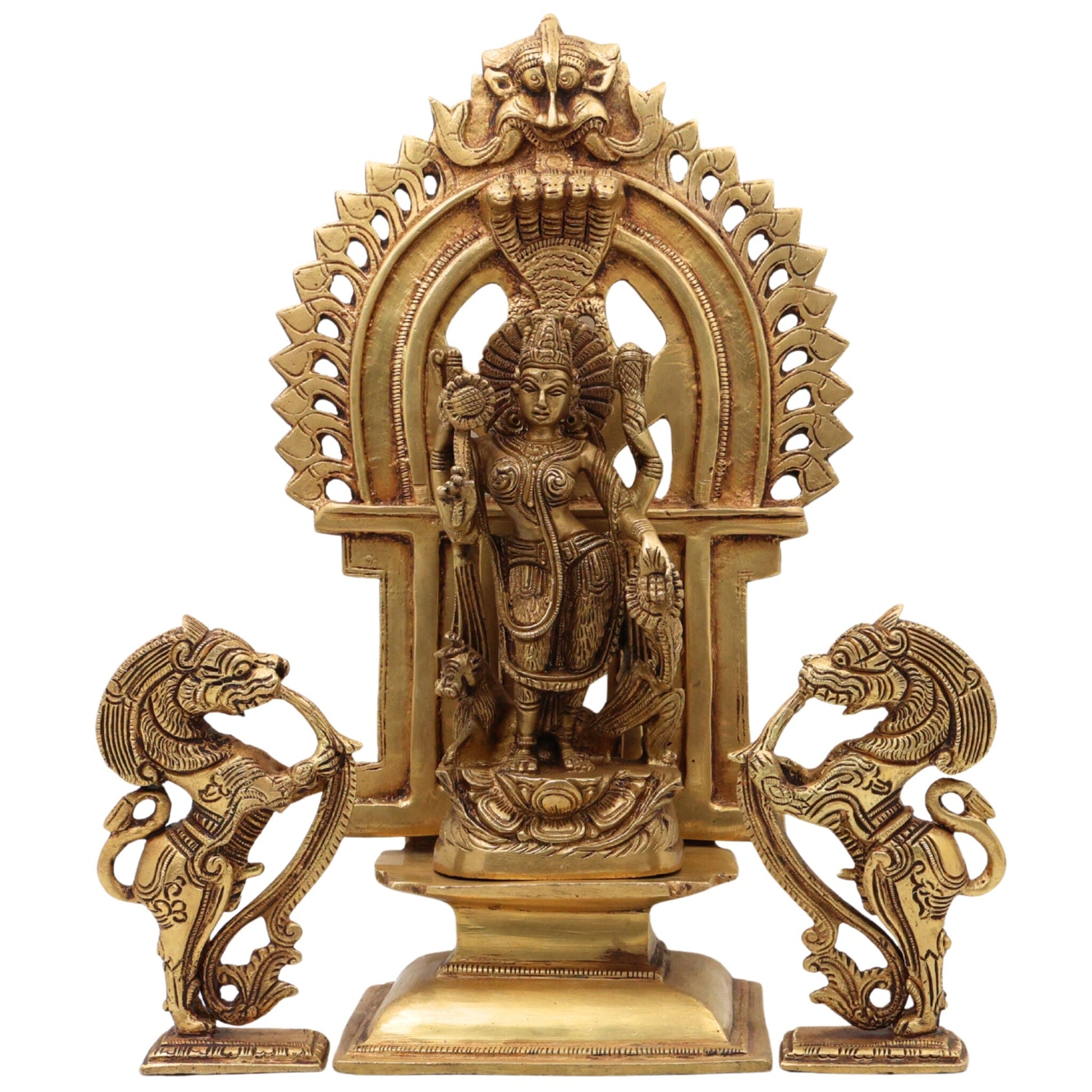 Brass Durga Devi Idol with Prabhavali & Lion Yali – Mahishasura Mardini | Simhavahini Shakti | Maa Bhavani Murti for Home, Temple & Pooja Decor,Gold, 11.5 Inch, 1 Piece