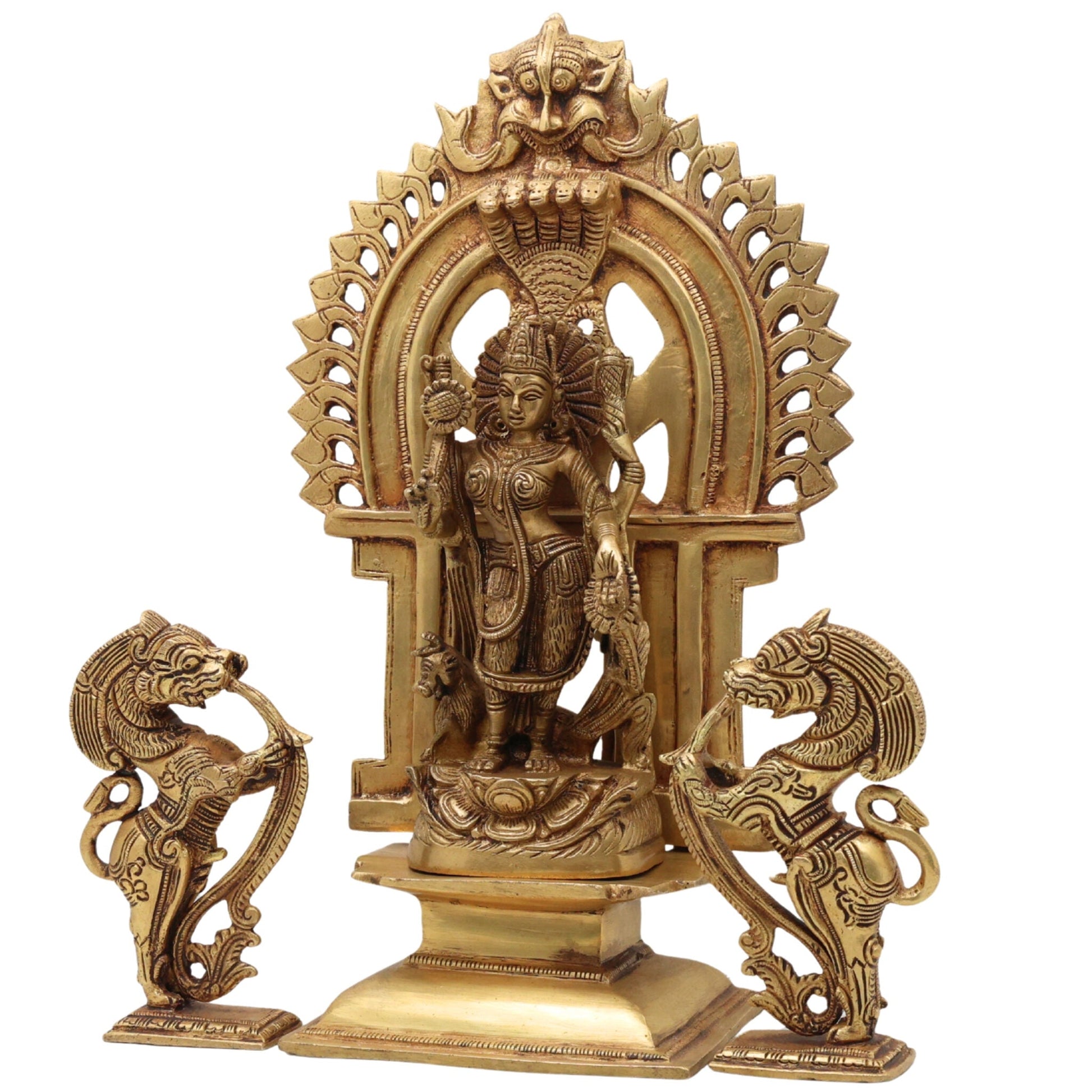 Brass Durga Devi Idol with Prabhavali & Lion Yali – Mahishasura Mardini | Simhavahini Shakti | Maa Bhavani Murti for Home, Temple & Pooja Decor,Gold, 11.5 Inch, 1 Piece