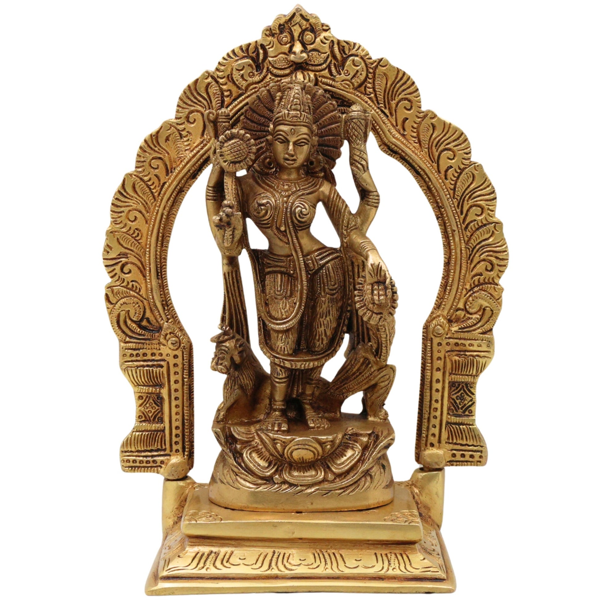 Brass Durga Maa Idol | Sherawali Mata Statue | Handmade Devi Murti with Prabhavali & Base | Mahishasura Mardini Jagdamba Shakti Sculpture for Home Temple & Puja Decor,Gold, 8 Inch, 1 Piece
