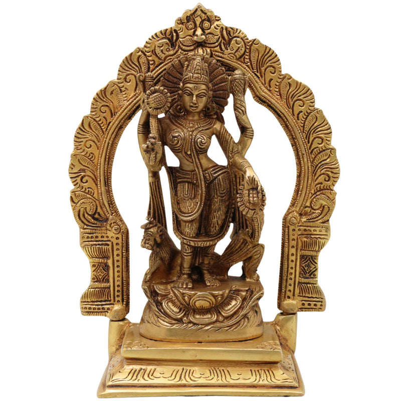 Brass Durga Maa Idol | Sherawali Mata Statue | Handmade Devi Murti with Prabhavali & Base | Mahishasura Mardini Jagdamba Shakti Sculpture for Home Temple & Puja Decor,Gold, 8 Inch, 1 Piece