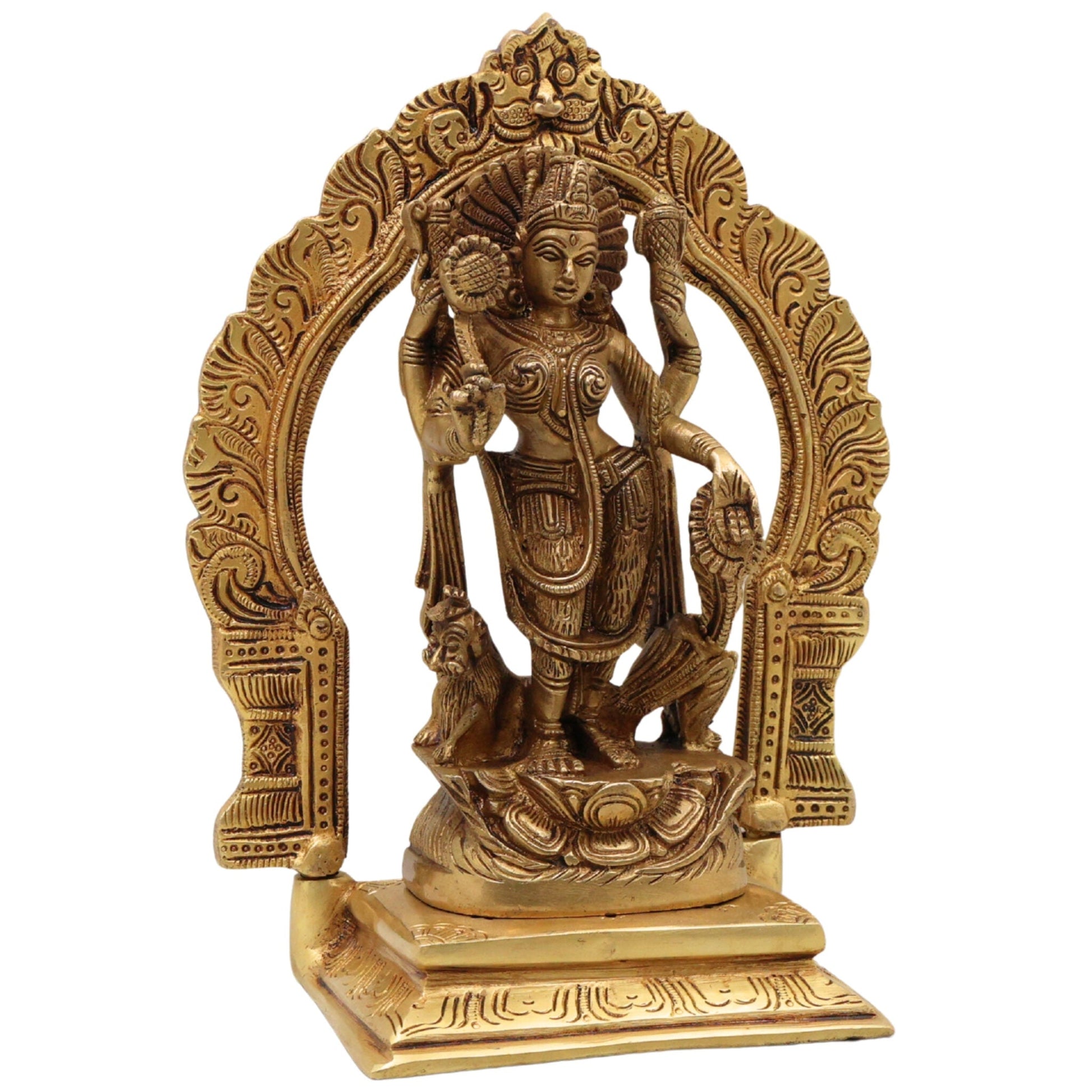 Brass Durga Maa Idol | Sherawali Mata Statue | Handmade Devi Murti with Prabhavali & Base | Mahishasura Mardini Jagdamba Shakti Sculpture for Home Temple & Puja Decor,Gold, 8 Inch, 1 Piece