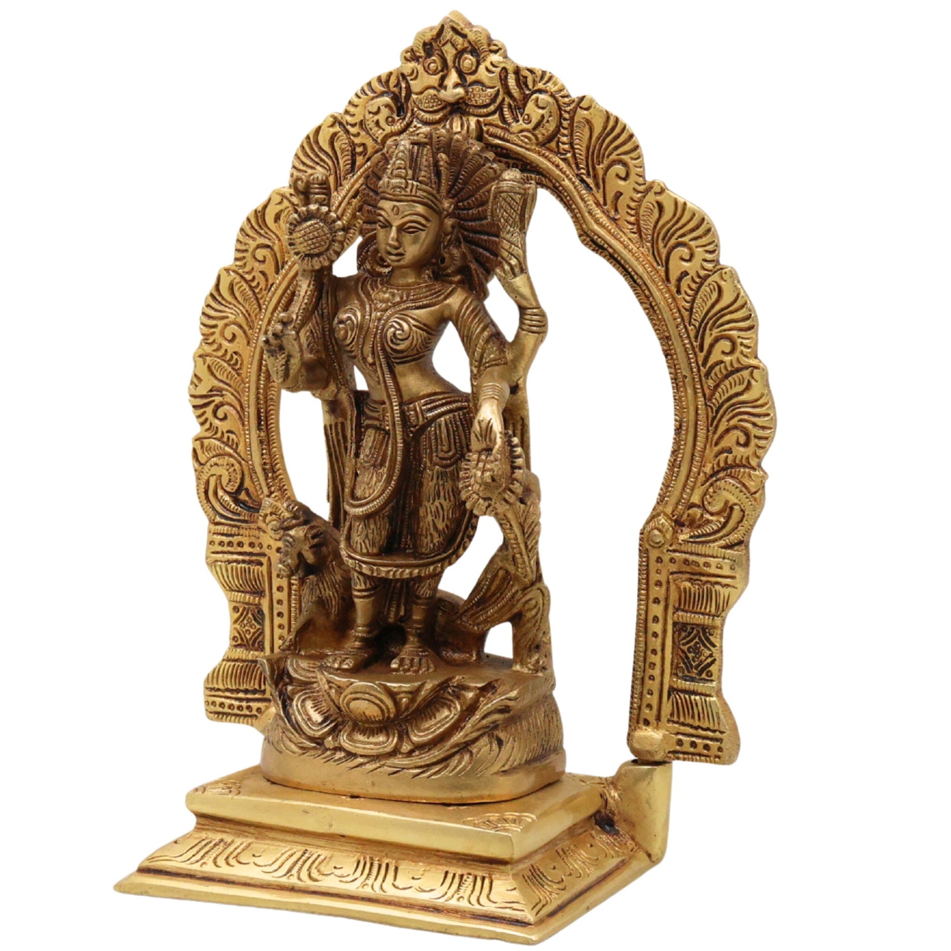 Brass Durga Maa Idol | Sherawali Mata Statue | Handmade Devi Murti with Prabhavali & Base | Mahishasura Mardini Jagdamba Shakti Sculpture for Home Temple & Puja Decor,Gold, 8 Inch, 1 Piece