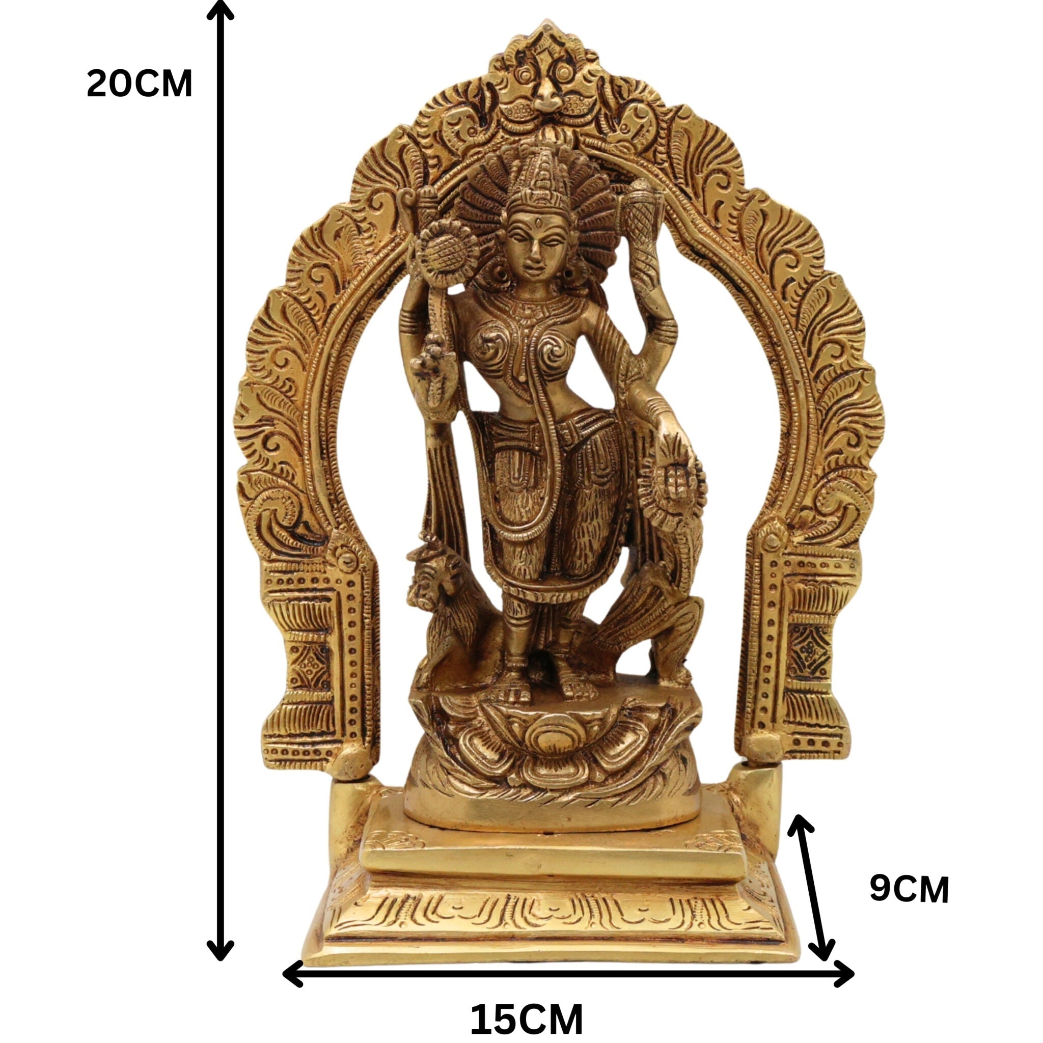 Brass Durga Maa Idol | Sherawali Mata Statue | Handmade Devi Murti with Prabhavali & Base | Mahishasura Mardini Jagdamba Shakti Sculpture for Home Temple & Puja Decor,Gold, 8 Inch, 1 Piece