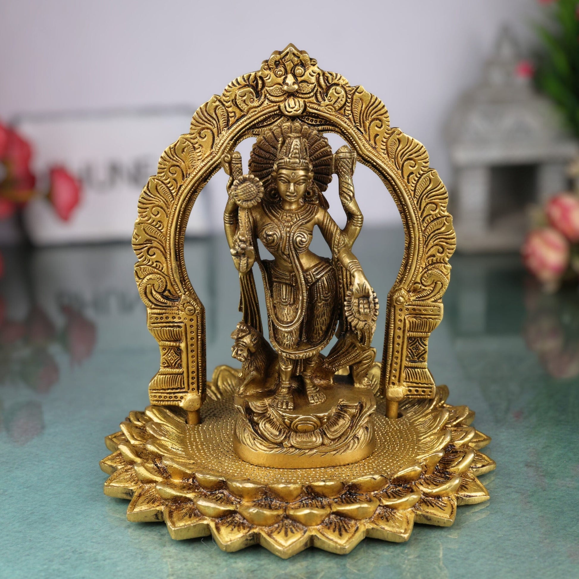 Handcrafted Brass Durga Devi Idol with Prabhavali – Mahishasura Mardini | Shakti | Chamundeshwari | Antique Finish for Pooja, Home Temple & Decor,Gold, 8 Inch, 1 Piece