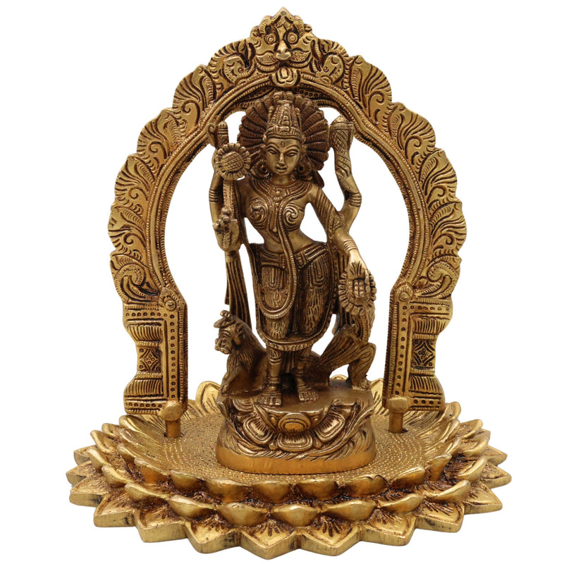 Handcrafted Brass Durga Devi Idol with Prabhavali – Mahishasura Mardini | Shakti | Chamundeshwari | Antique Finish for Pooja, Home Temple & Decor,Gold, 8 Inch, 1 Piece