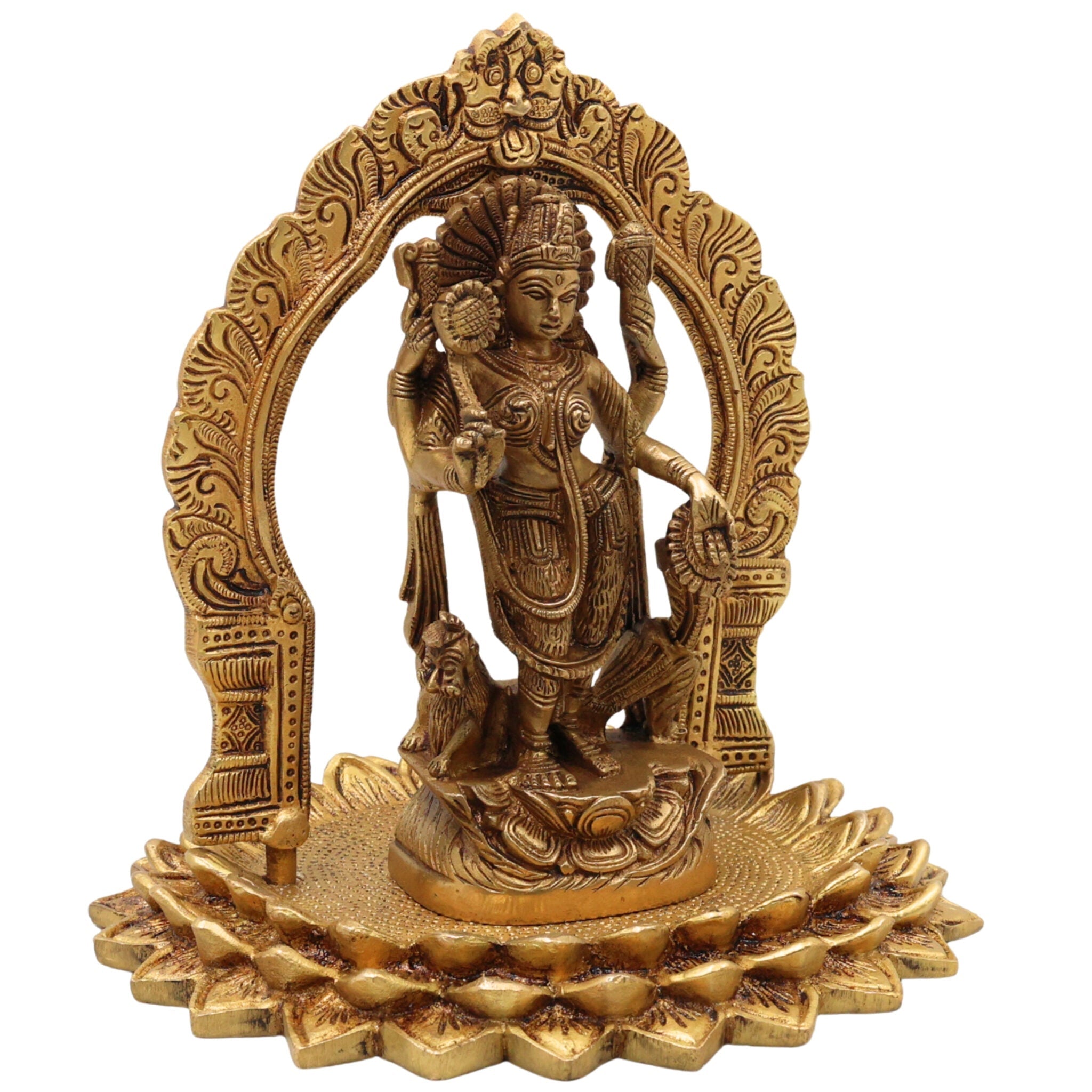 Handcrafted Brass Durga Devi Idol with Prabhavali – Mahishasura Mardini | Shakti | Chamundeshwari | Antique Finish for Pooja, Home Temple & Decor,Gold, 8 Inch, 1 Piece