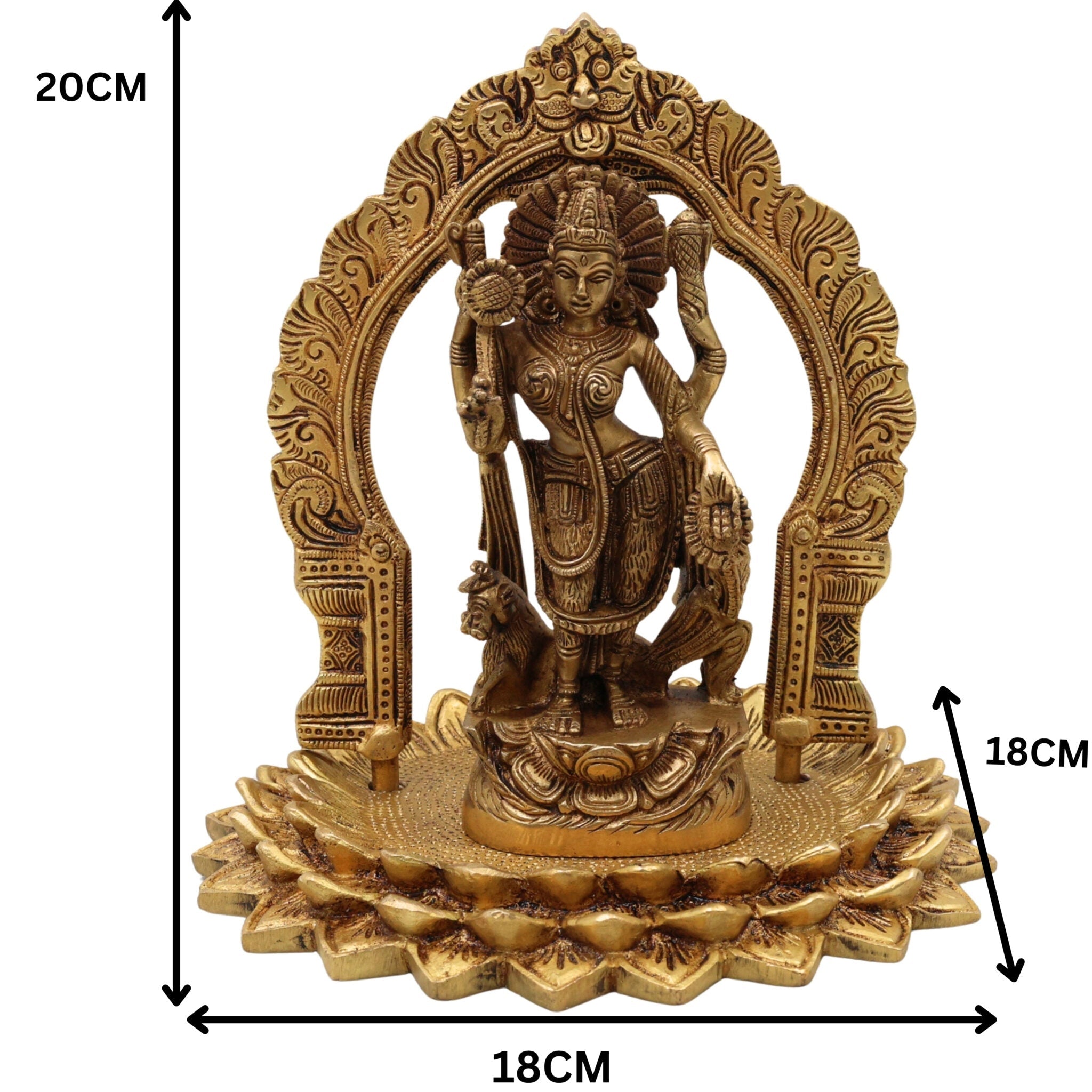 Handcrafted Brass Durga Devi Idol with Prabhavali – Mahishasura Mardini | Shakti | Chamundeshwari | Antique Finish for Pooja, Home Temple & Decor,Gold, 8 Inch, 1 Piece