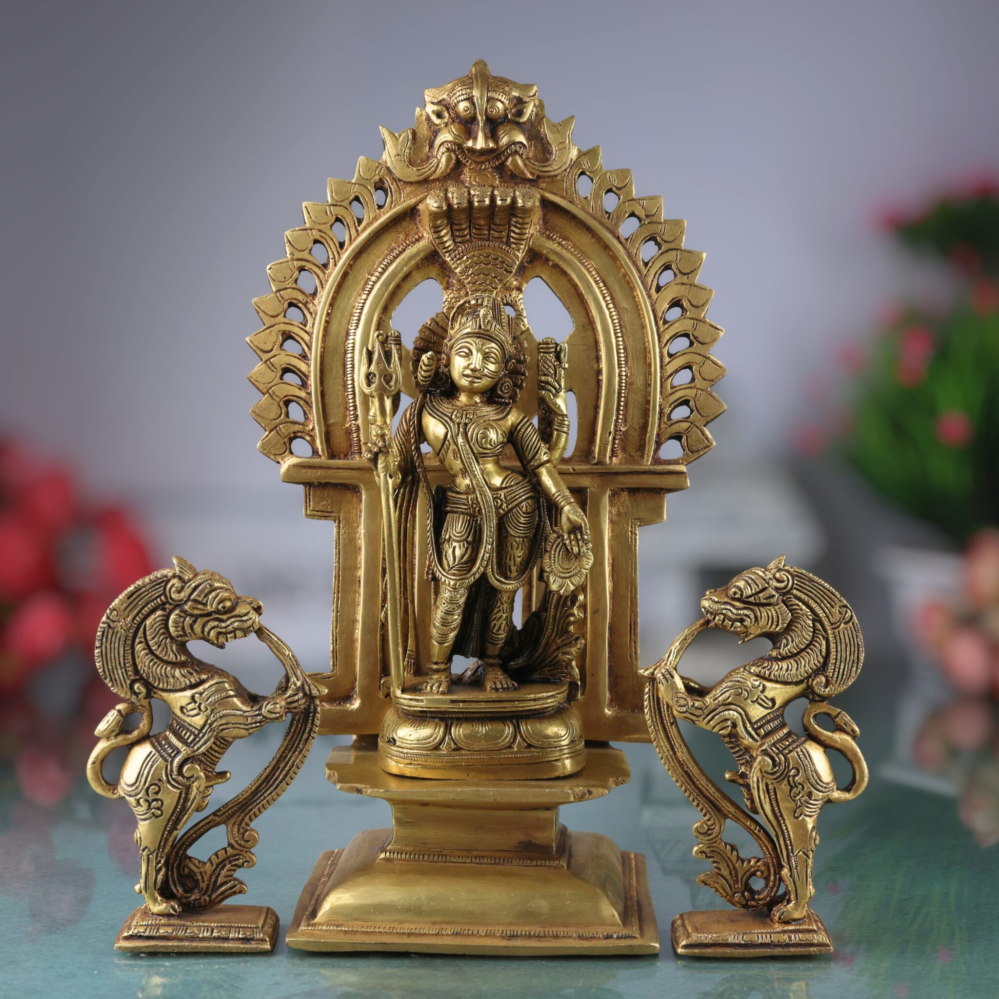 Brass Ardhanarishvara Idols With Two Yali And Prabhavali, Ardhnarishwar Statue, Ardhnari, Shiv Parvathi Murti, Lord Shiva And Parwathi Silai, Ardhanarishvara With Prabhavali,Gold, 11.5 Inch, 1 Piece