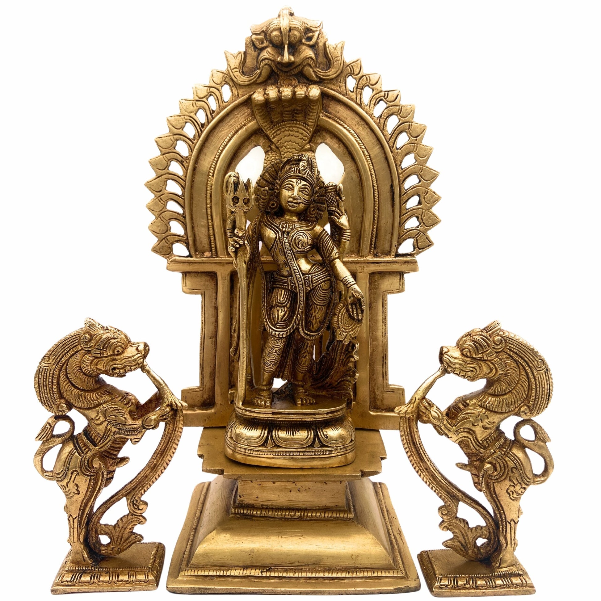 Brass Ardhanarishvara Idols With Two Yali And Prabhavali, Ardhnarishwar Statue, Ardhnari, Shiv Parvathi Murti, Lord Shiva And Parwathi Silai, Ardhanarishvara With Prabhavali,Gold, 11.5 Inch, 1 Piece