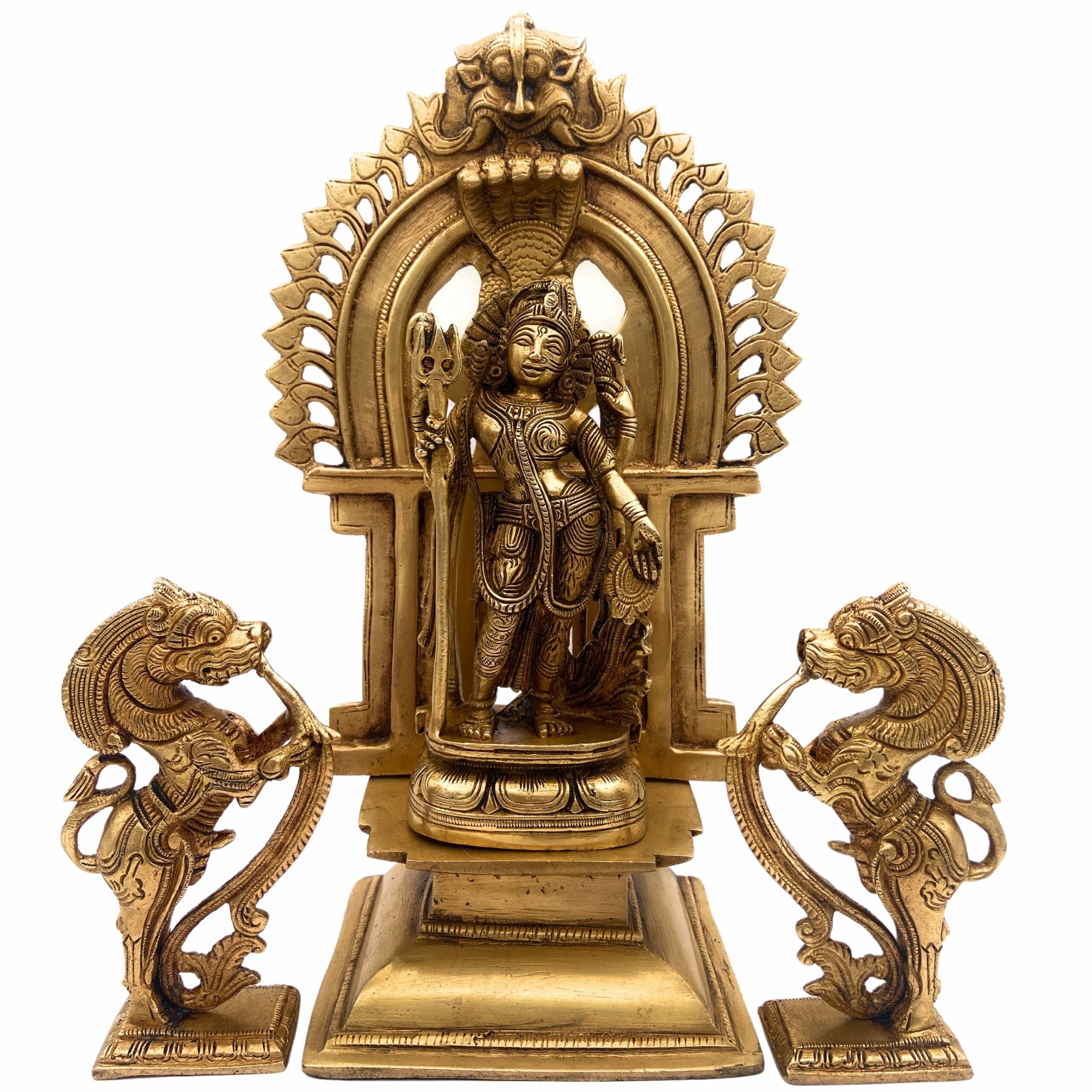 Brass Ardhanarishvara Idols With Two Yali And Prabhavali, Ardhnarishwar Statue, Ardhnari, Shiv Parvathi Murti, Lord Shiva And Parwathi Silai, Ardhanarishvara With Prabhavali,Gold, 11.5 Inch, 1 Piece