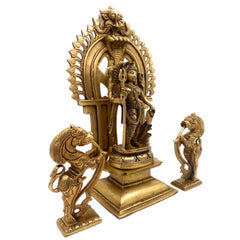 Brass Ardhanarishvara Idols With Two Yali And Prabhavali, Ardhnarishwar Statue, Ardhnari, Shiv Parvathi Murti, Lord Shiva And Parwathi Silai, Ardhanarishvara With Prabhavali,Gold, 11.5 Inch, 1 Piece