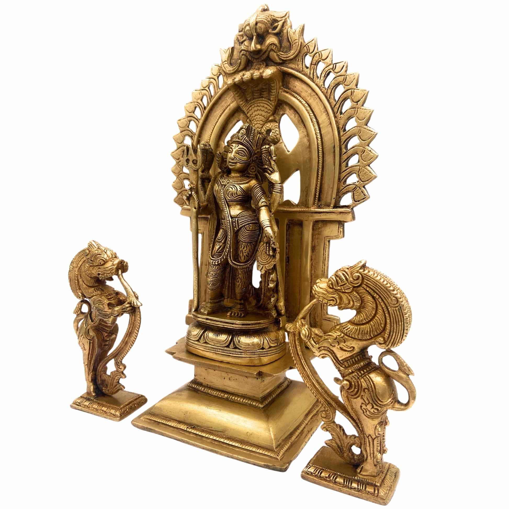 Brass Ardhanarishvara Idols With Two Yali And Prabhavali, Ardhnarishwar Statue, Ardhnari, Shiv Parvathi Murti, Lord Shiva And Parwathi Silai, Ardhanarishvara With Prabhavali,Gold, 11.5 Inch, 1 Piece