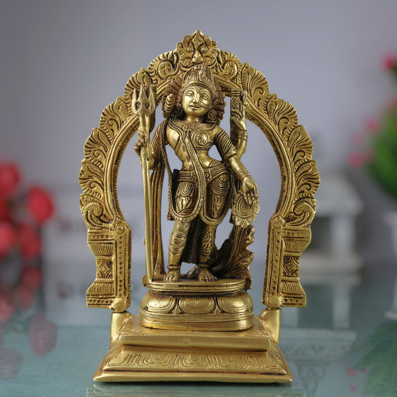 Brass Ardhanarishvara Statue with Prabhavali, Handmade Shiv Parvati Murti, Ideal for Home Decor and Pooja, 8 Inch, Gold, 1 Piece