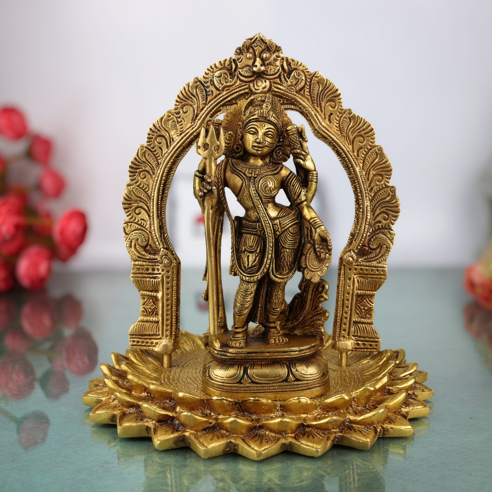 Brass Ardhanarishvara Statue on Lotus Chowki with Prabhavali, Divine Shiv Parvati Murti, Perfect Home Decor & Pooja Idol, Gold, 8 Inch, 1 Piece