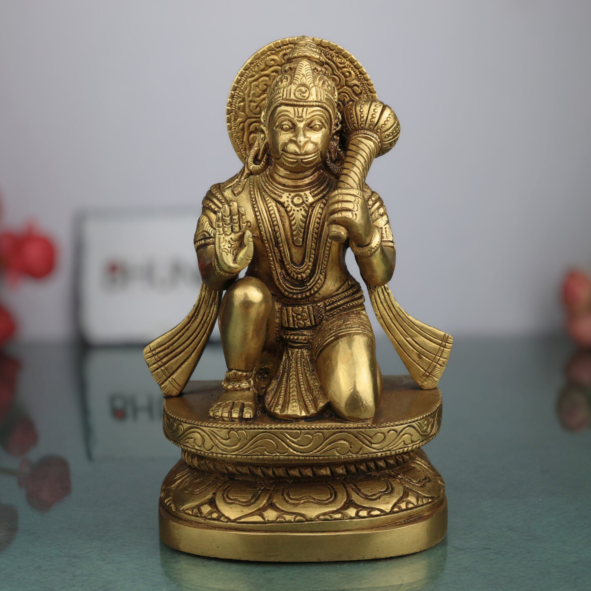 Handcrafted Brass Hanuman Idol – Maruti, Bajrang Bali, Anjaneya, Pavanputra, Mahavira Murti for Home Temple, Puja & Gifts,Gold, 8 Inch, 1 Piece