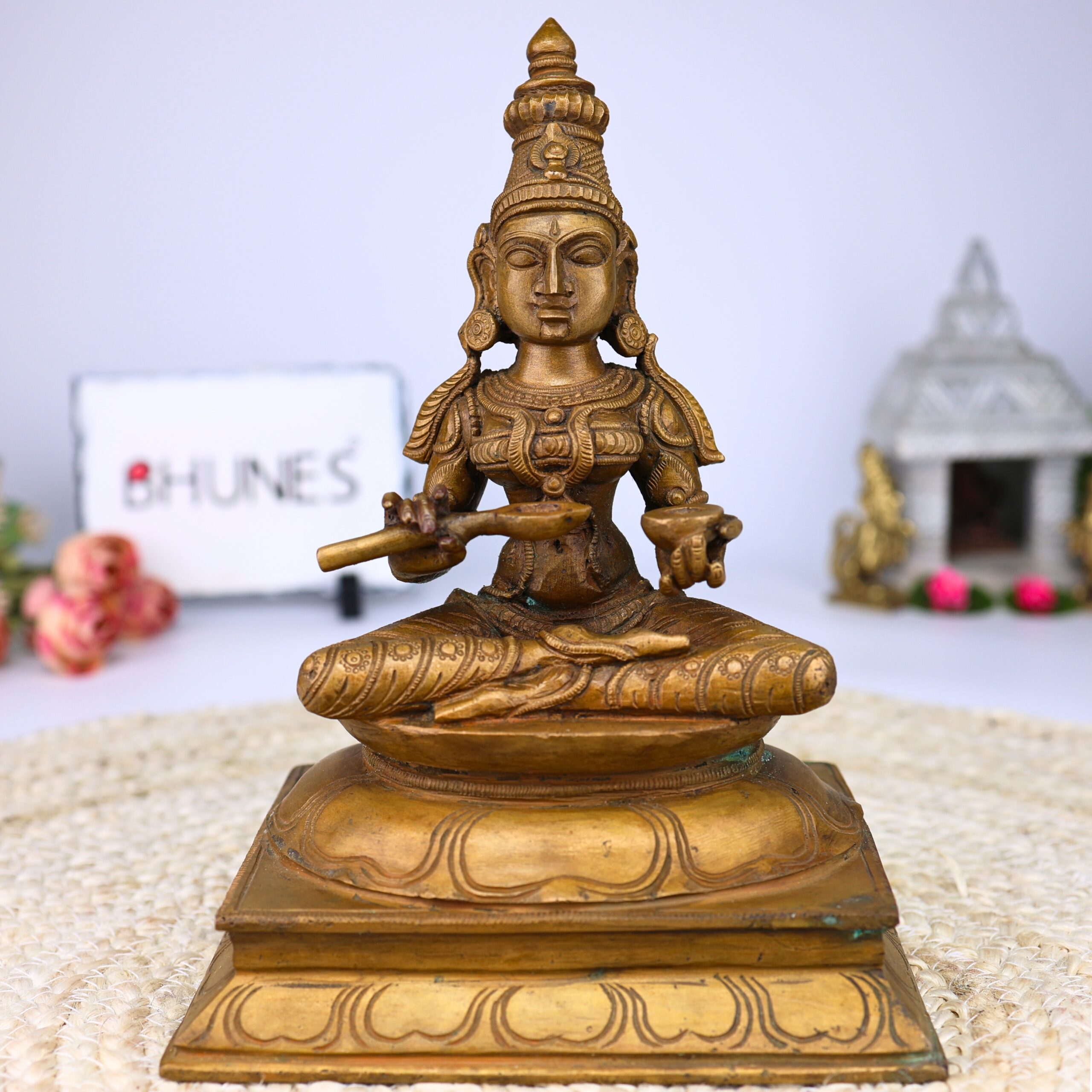 Bronze Goddess Annapurna Devi Idol, Panchaloha Annapoorna Ji Ki Murti, Annapoorani Annapurni Annapurani Annaporna Statue, Brown, 9.5 Inch, 1 Piece