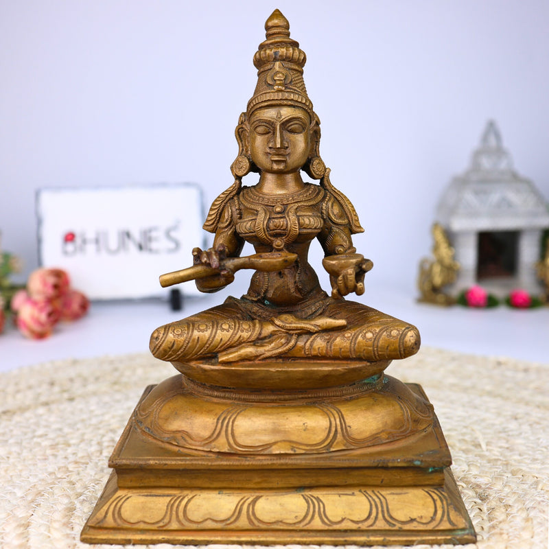 Bronze Goddess Annapurna Devi Idol, Panchaloha Annapoorna Ji Ki Murti, Annapoorani Annapurni Annapurani Annaporna Statue, Brown, 9.5 Inch, 1 Piece