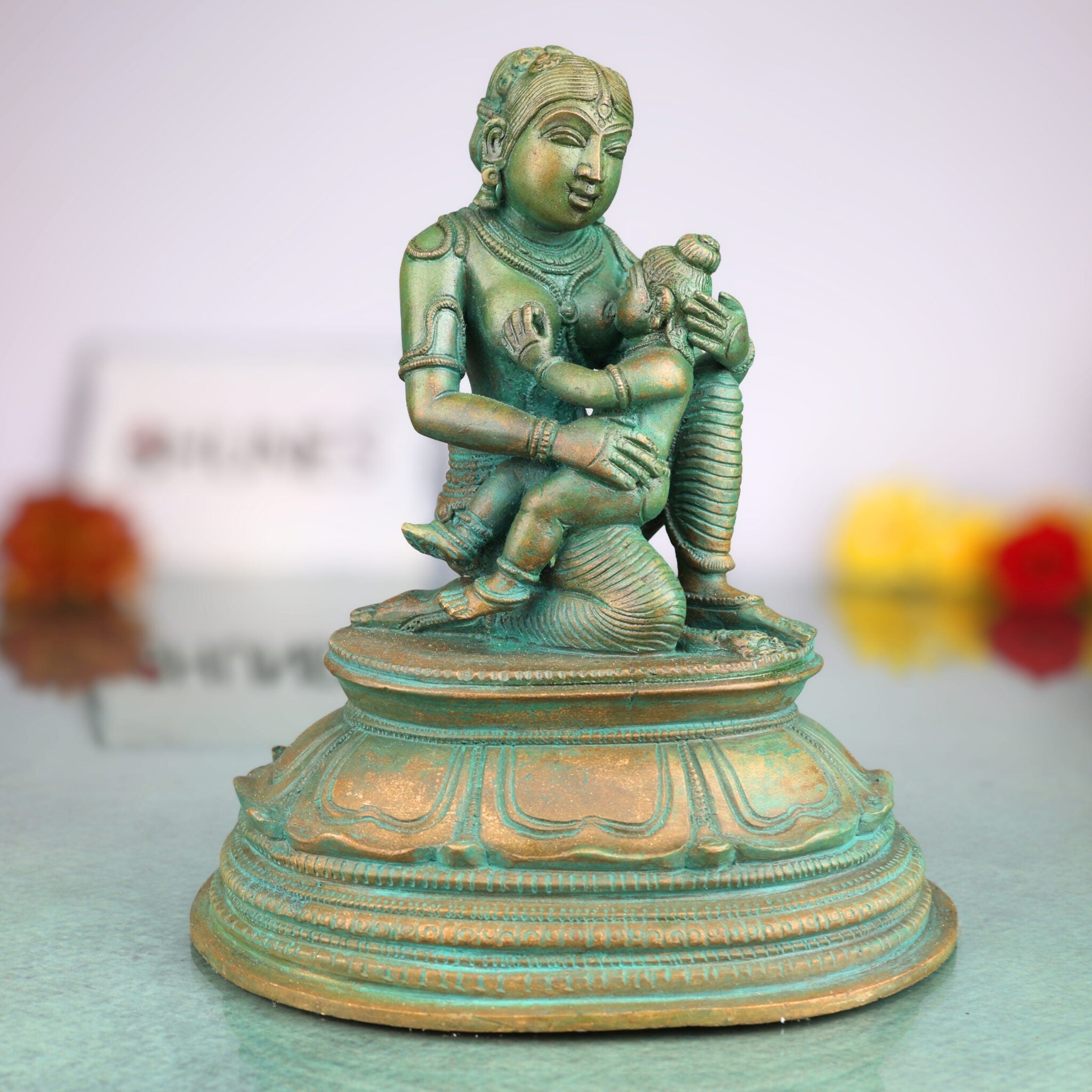 Bronze Yashoda with Krishna Feeding Mother Idol –Panchaloha Statue, Handmade Chola Art Annapurneshwari Murti for Home Temple & Spiritual Gifting,Brown, 7 Inch, 1 Piece