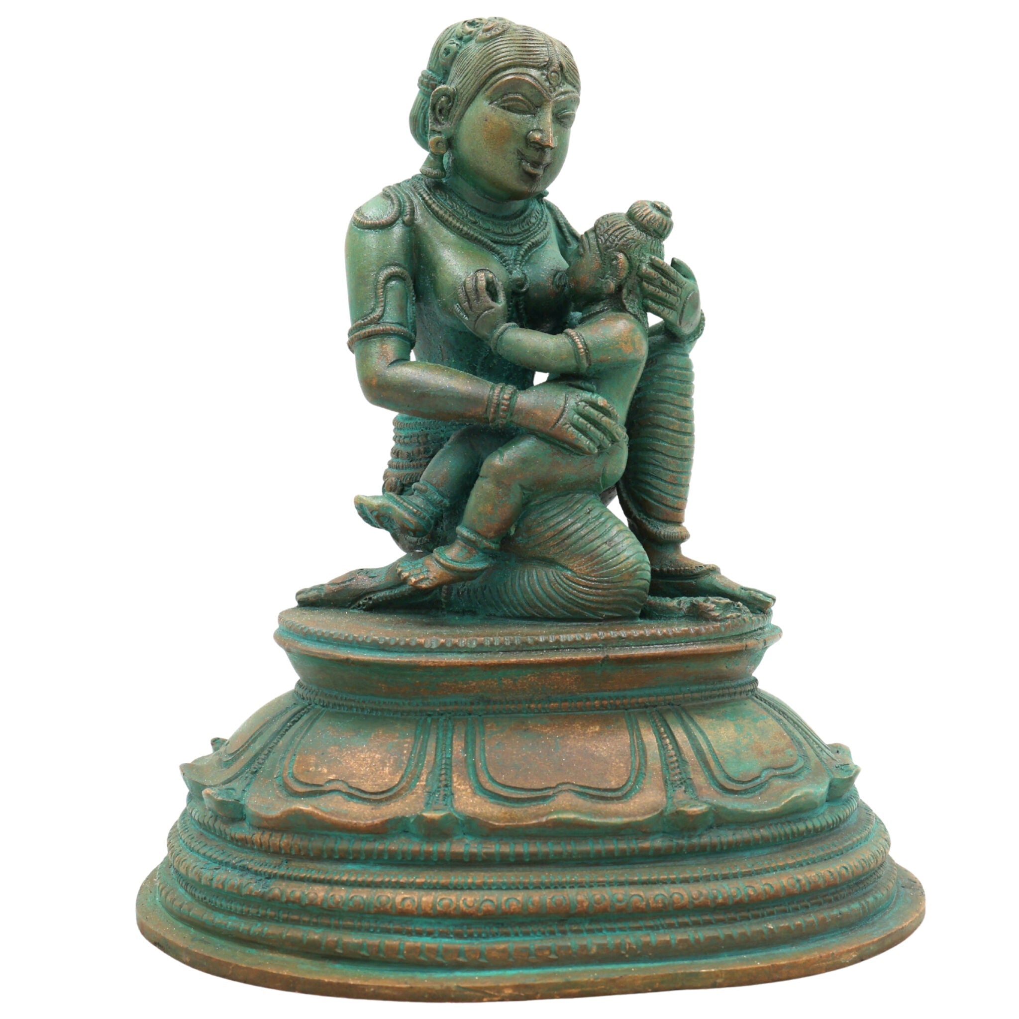 Bronze Yashoda with Krishna Feeding Mother Idol –Panchaloha Statue, Handmade Chola Art Annapurneshwari Murti for Home Temple & Spiritual Gifting,Brown, 7 Inch, 1 Piece