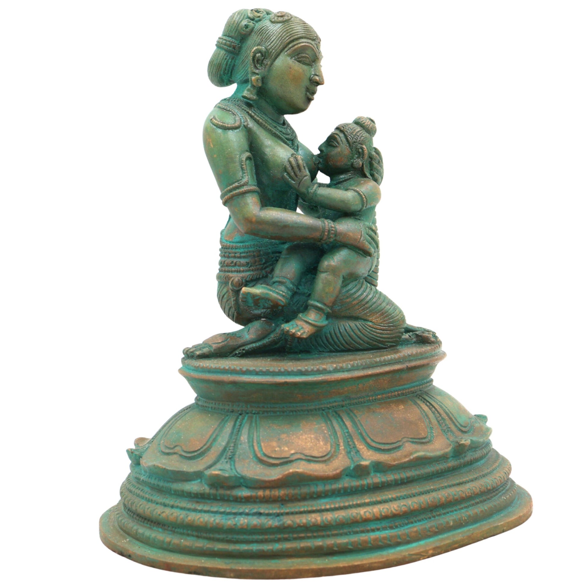 Bronze Yashoda with Krishna Feeding Mother Idol –Panchaloha Statue, Handmade Chola Art Annapurneshwari Murti for Home Temple & Spiritual Gifting,Brown, 7 Inch, 1 Piece