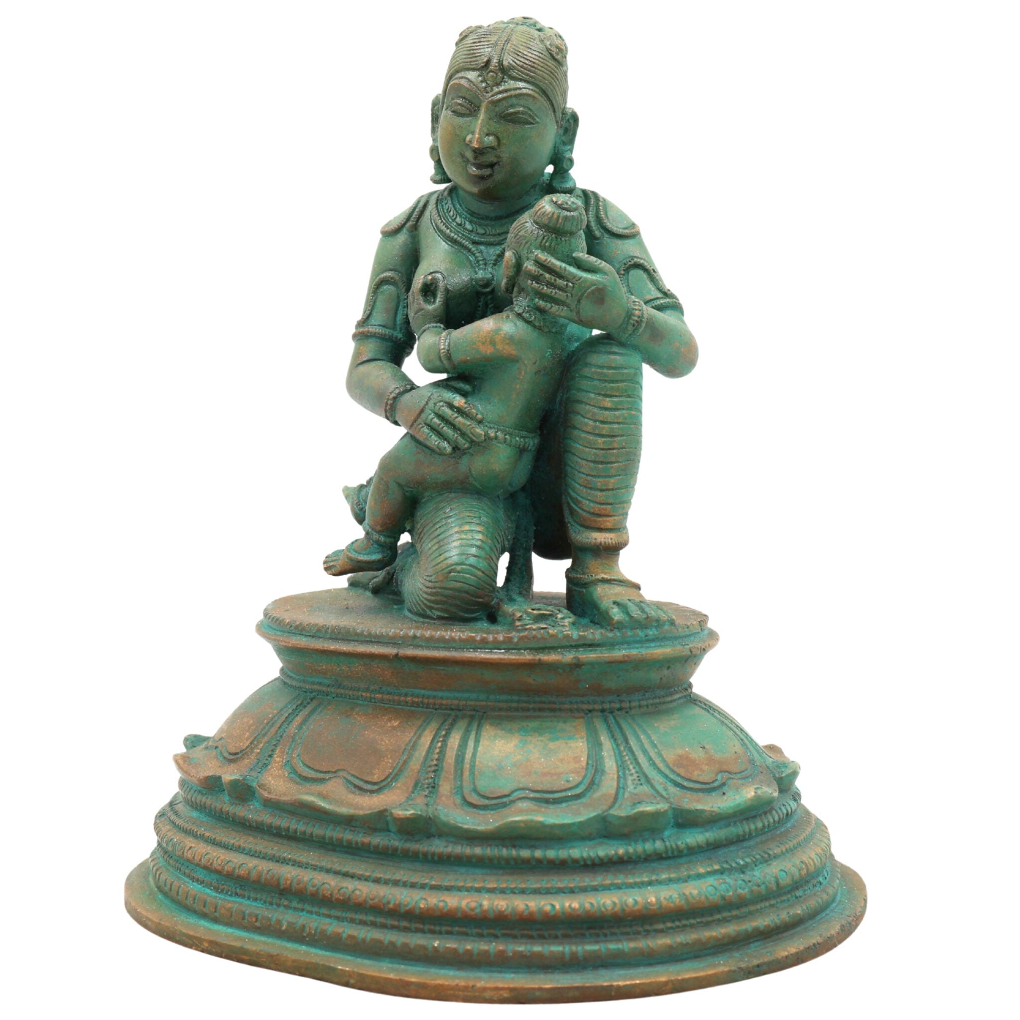 Bronze Yashoda with Krishna Feeding Mother Idol –Panchaloha Statue, Handmade Chola Art Annapurneshwari Murti for Home Temple & Spiritual Gifting,Brown, 7 Inch, 1 Piece