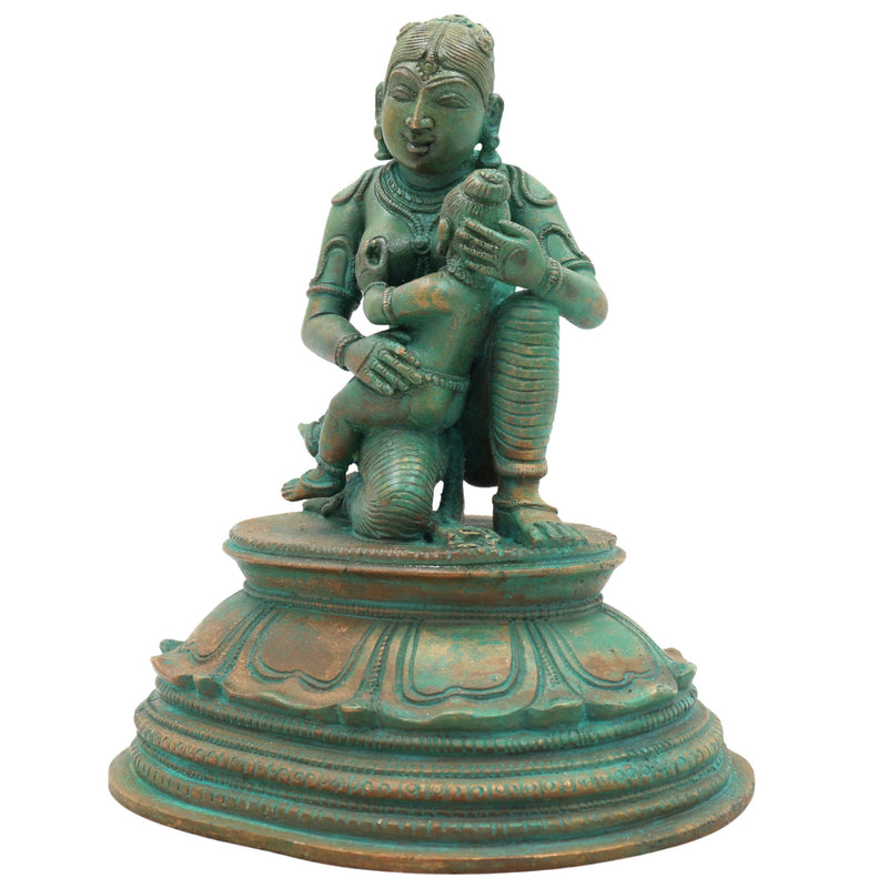 Bronze Yashoda with Krishna Feeding Mother Idol –Panchaloha Statue, Handmade Chola Art Annapurneshwari Murti for Home Temple & Spiritual Gifting,Brown, 7 Inch, 1 Piece
