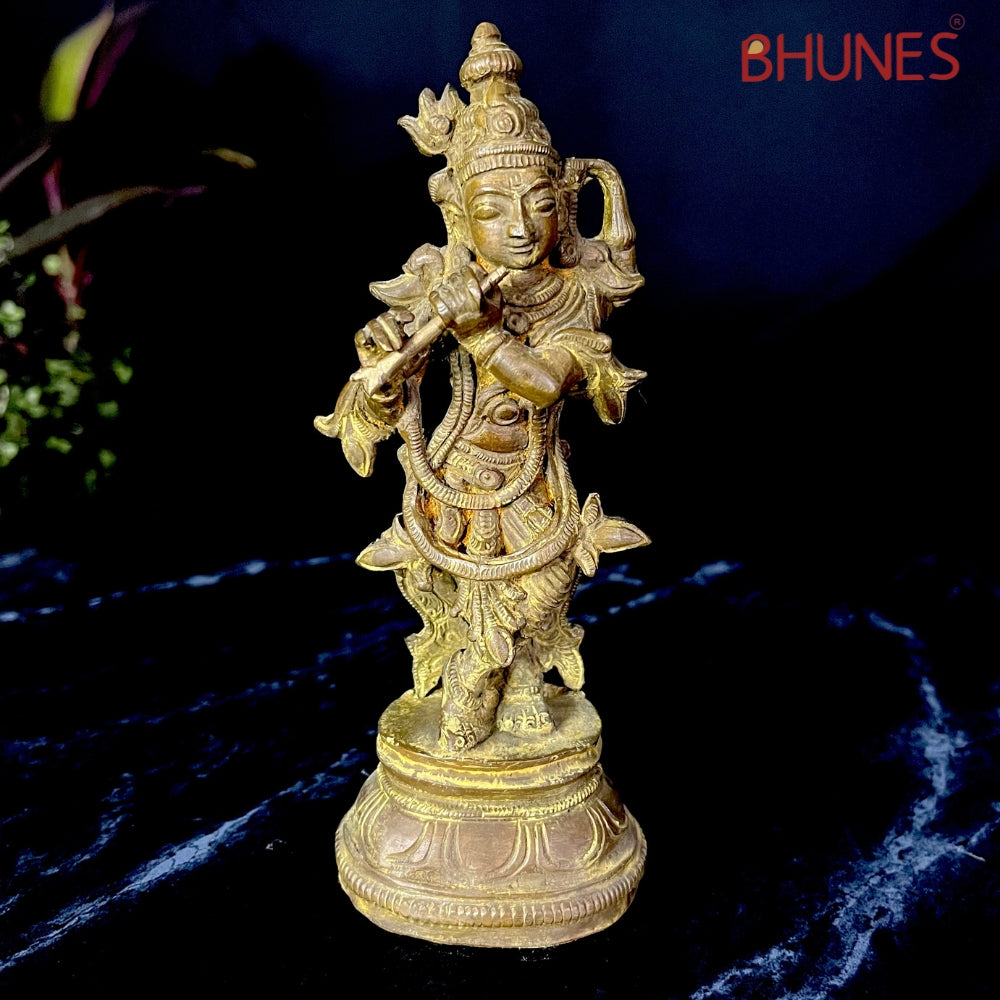 Handcrafted Bronze Panchaloha Lord Krishna Idol – Chola Art Gopal, Govinda, Kanhaiya, Kanha, Banke Bihari, Bal Gopal, Venu Gopal Temple Statue for Home & Pooja,Brown, 6 Inch, 1 Piece