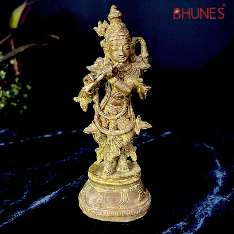 Handcrafted Bronze Panchaloha Lord Krishna Idol – Chola Art Gopal, Govinda, Kanhaiya, Kanha, Banke Bihari, Bal Gopal, Venu Gopal Temple Statue for Home & Pooja,Brown, 6 Inch, 1 Piece