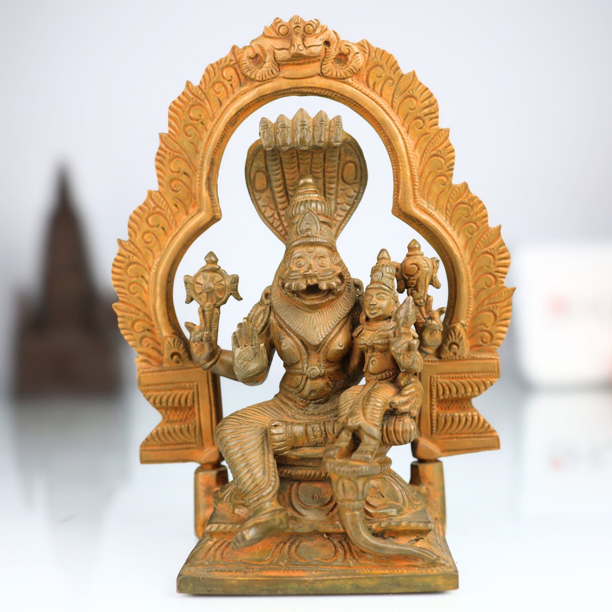 Handcrafted Bronze Panchaloha Lakshmi Narasimha Swamy Idol – Yoga Narasimha, Ugra Narasimha, Sri Narasimha Murti for Temple & Home Decor,Brown, 7.5 Inch, 1 Piece