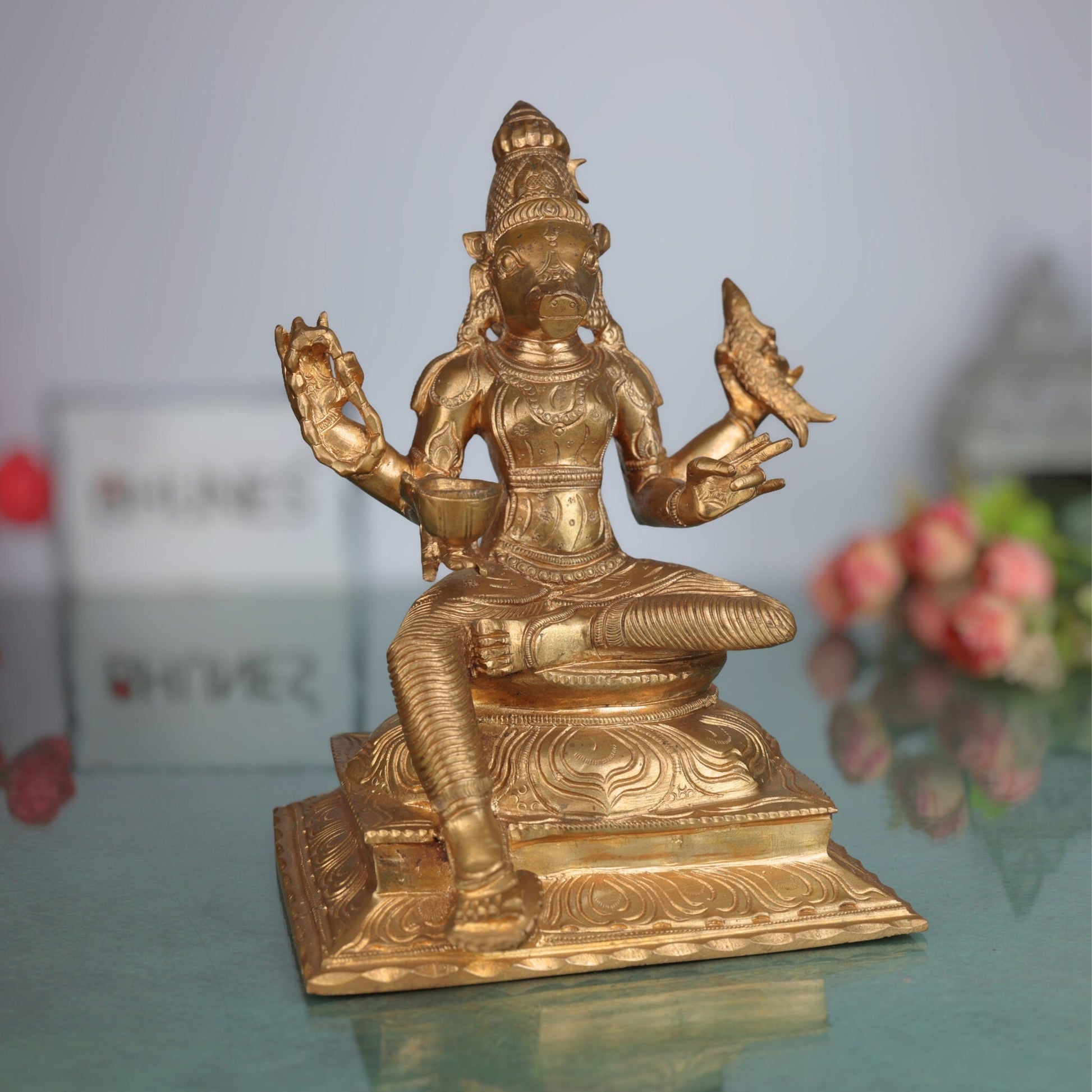 Handcrafted Bronze Varahi Devi Panchaloha Idol – Chola Art Varahi Amman, Ashta Matrika Varahi, Panchami Varahi, Temple Goddess Statue,Brown, 9 Inch, 1 Piece