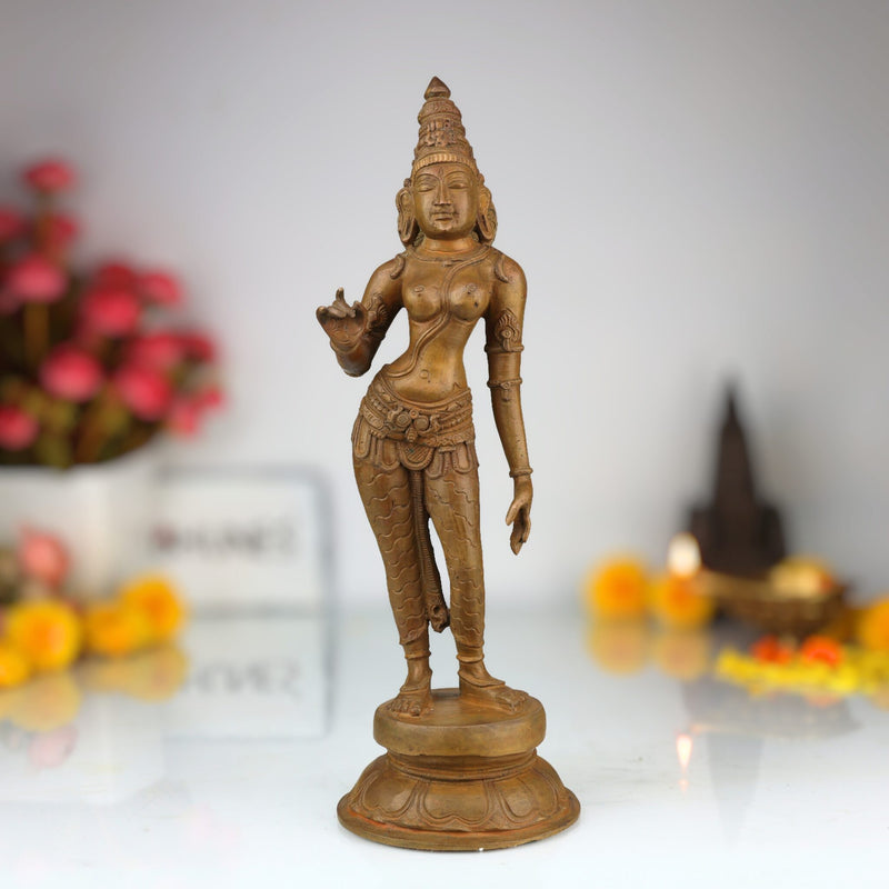 Handmade Bronze Parvati Idol | Panchaloha Gauri Uma Mahadevi Statue | South Indian Chola Art Devi Sculpture for Home Temple Decor,Brown, 13 Inch, 1 Piece