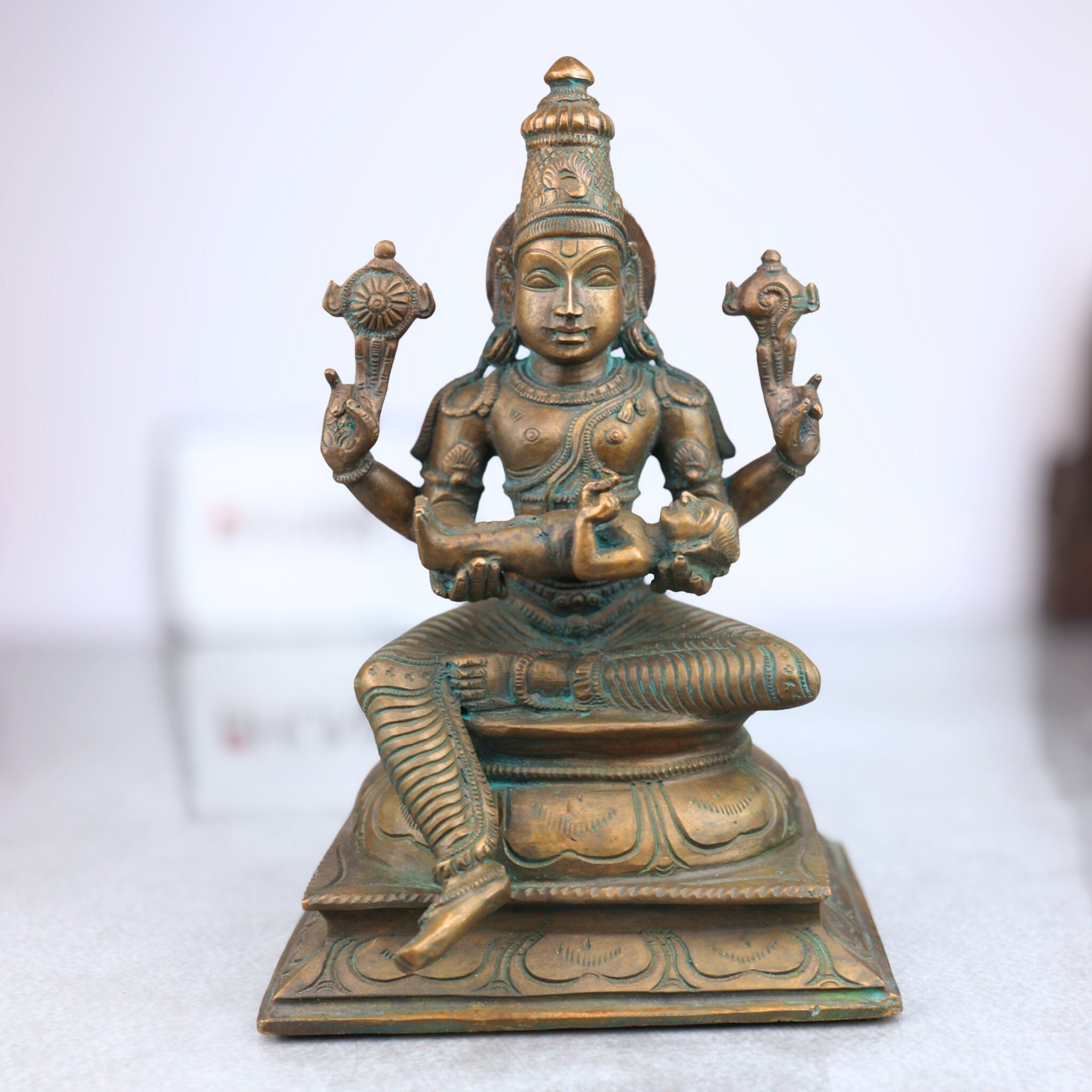Bronze Vishnu with Prahlada Idol, Panchaloha Narayana Hari Murti, Chola Art Handmade South Indian Temple Sculpture,Brown, 9.5 Inch, 1 Piece