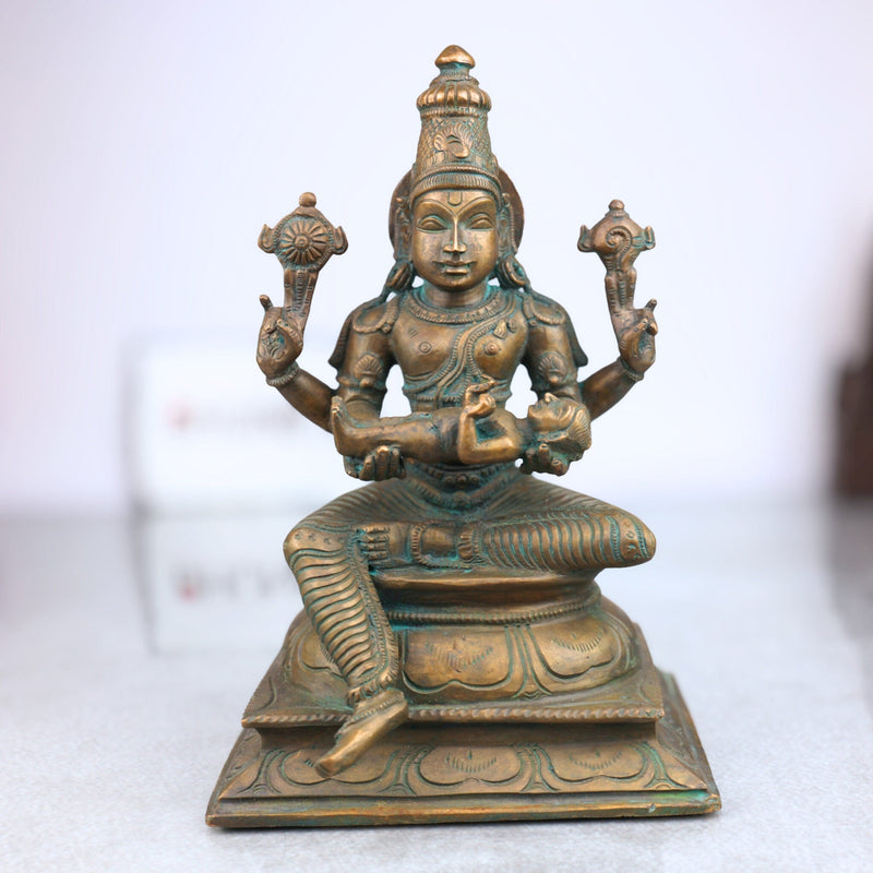 Bronze Vishnu with Prahlada Idol, Panchaloha Narayana Hari Murti, Chola Art Handmade South Indian Temple Sculpture,Brown, 9.5 Inch, 1 Piece