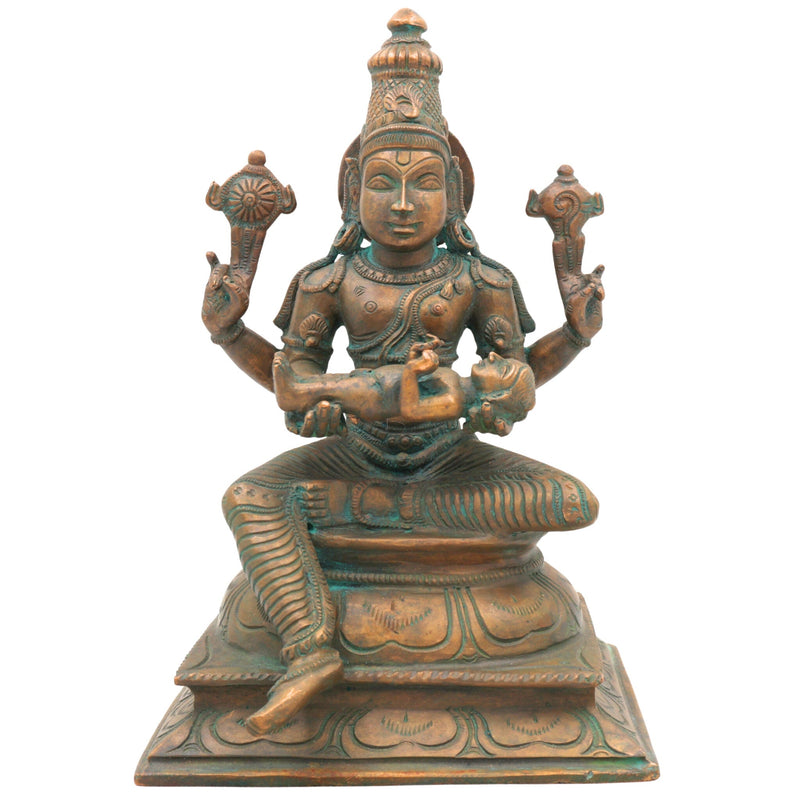 Bronze Vishnu with Prahlada Idol, Panchaloha Narayana Hari Murti, Chola Art Handmade South Indian Temple Sculpture,Brown, 9.5 Inch, 1 Piece