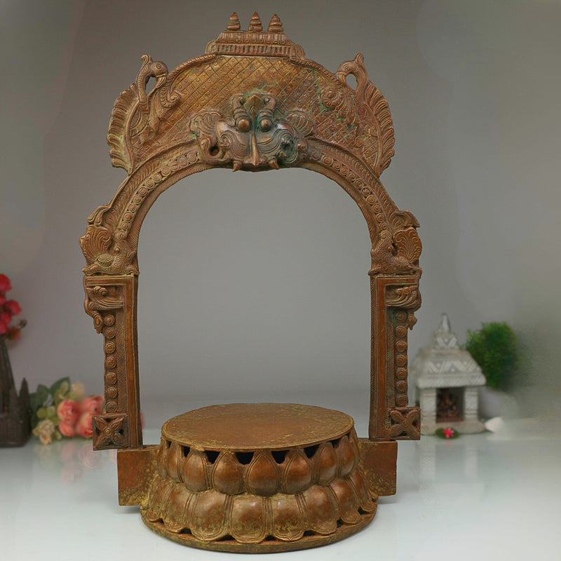 Bronze Lotus Chowki with Prabhavali, Handmade Panchaloha Kamal Peetha Peetalu Peetham Bajot for Temple Mandapam Sinhasan Pooja Mandir Stand, Brown, 22 Inch, 1 Piece